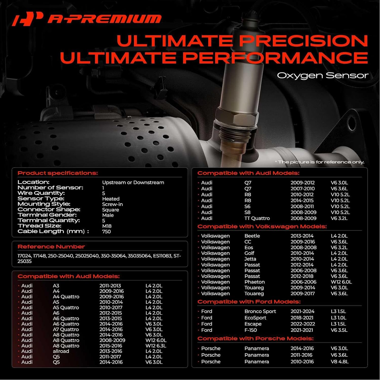 A-Premium O2 Oxygen Sensor Compatible with Volkswagen Jetta, Golf 2010-2014, CC, Passat, Touareg & Audi A3, A4, A5, A6, A7 Quattro, Q5, Q7, R8, S6 & Porsche Panamera