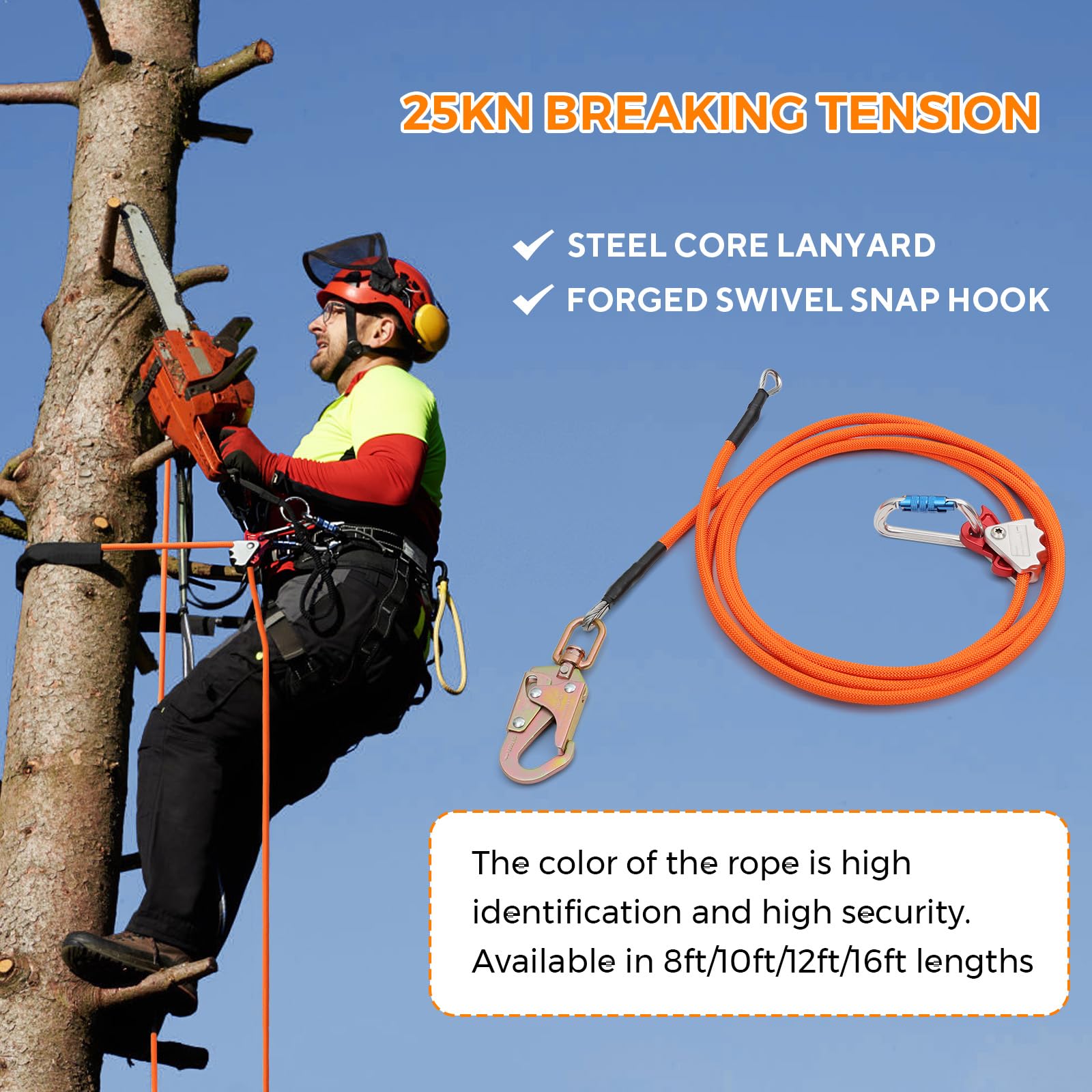Cable de alambre de acero, kit de cordón de posicionamiento de arborista de protección contra caídas | Arborist - Equipo de escalada de árboles con gancho giratorio, mosquetón de triple bloqueo y ajustador de cuerda