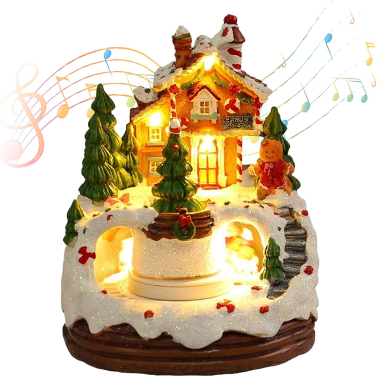 Christmas Village Houses,Light Up Christmas Houses with Spinning Train & 8 Music,Resin House with Warm Light,Battery Operated Christmas Village
