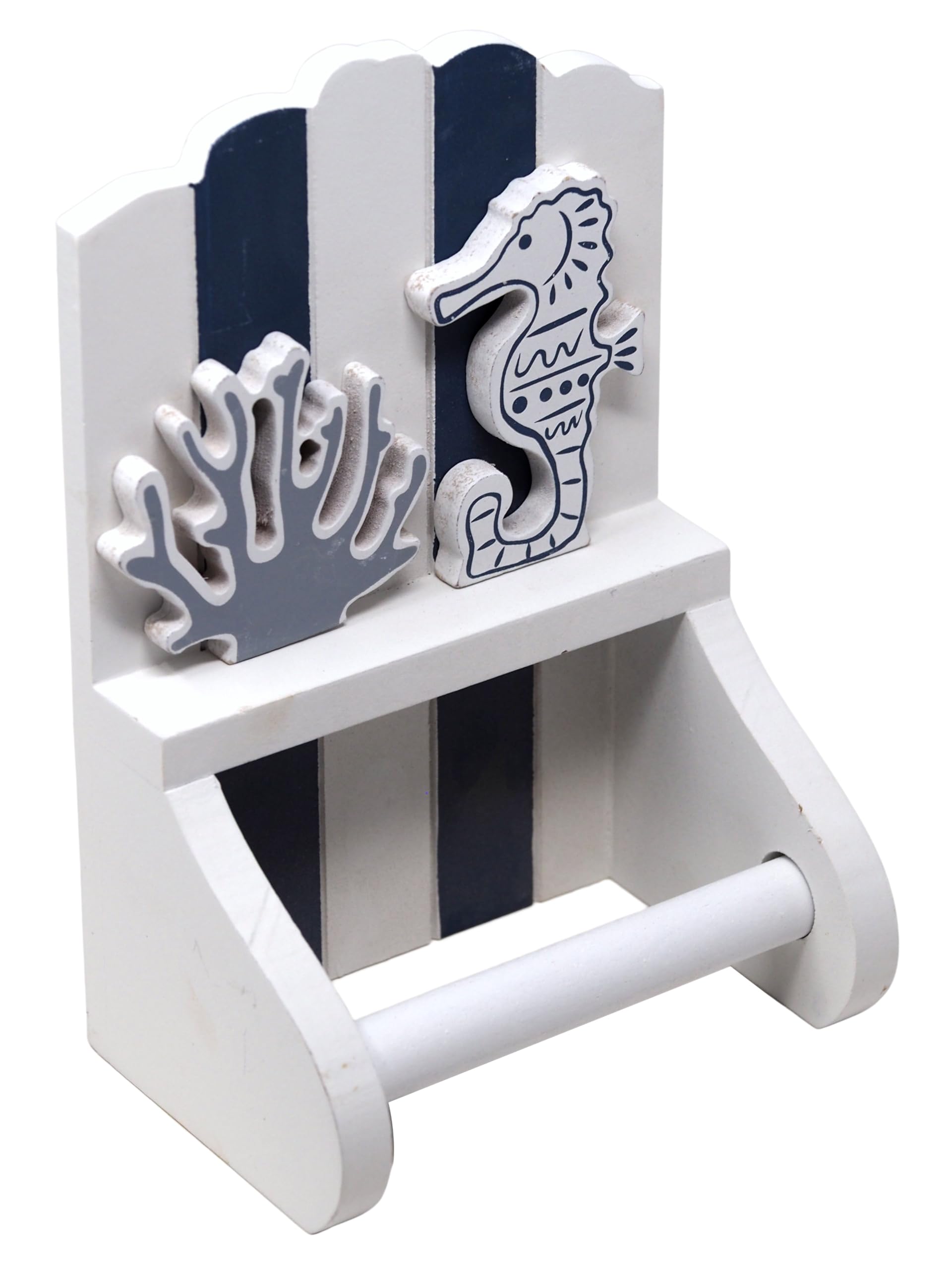 Wooden Seaside Toilet Roll Holder with Seahorse Detail - Navy White Nautical