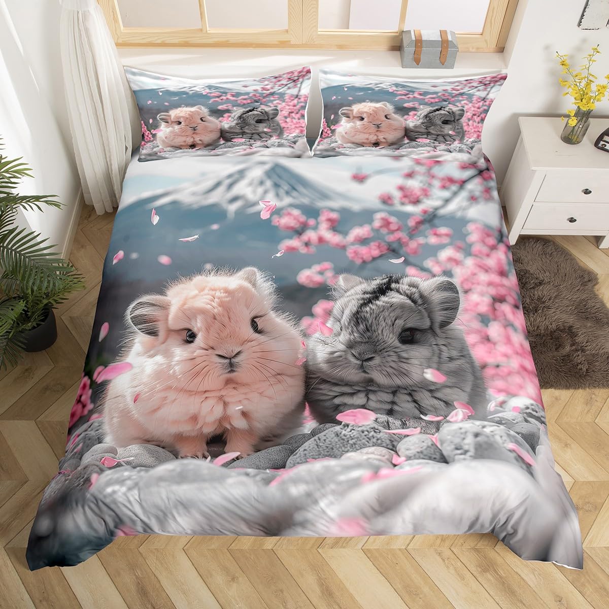 Homewish Nette Chinchilla 135x200 Bettwäsche Set,Rosa Kirschblüte Japanischen Stil Bettbezug,Kawaii Tier Druck Bett Set Geschenke für Haustier Liebhaber,Berg Floral Bettbezug (Kein Tröster)