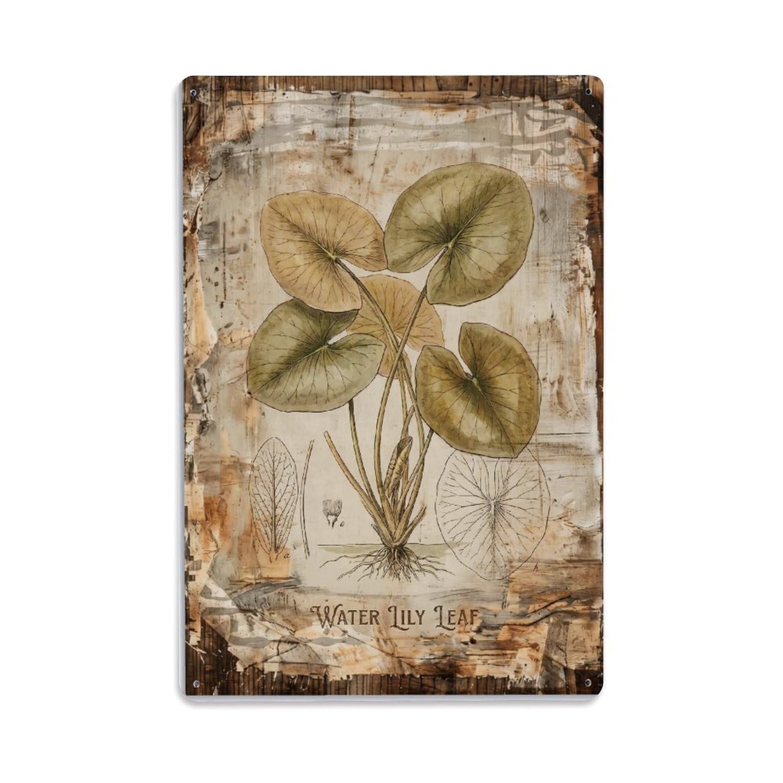 Water Lily Leaf Botanical Vintage Metal Tin Sign Plaque Wall Decor for Cafe, Club, Garden Metal Poster 8x12Inch