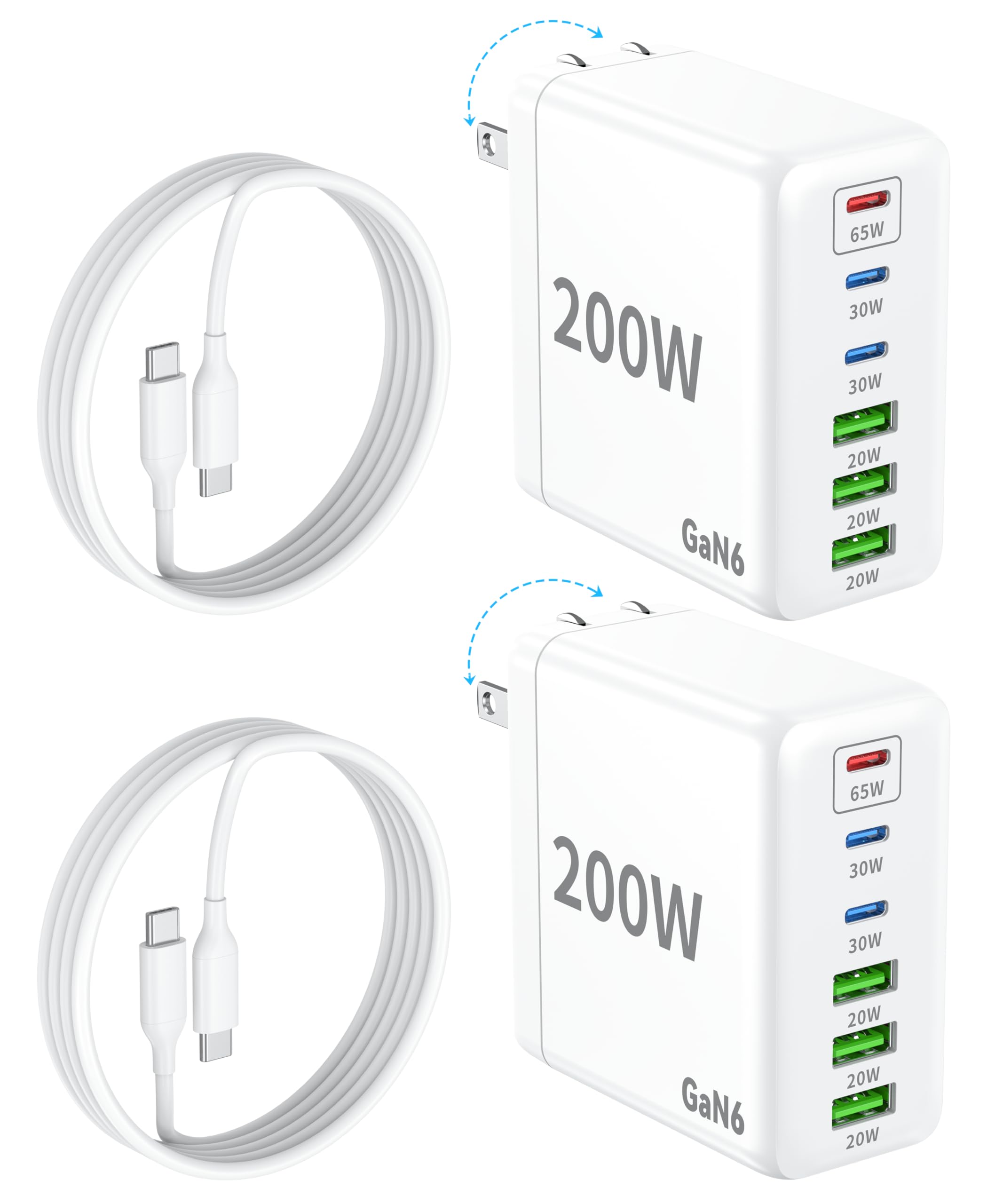 2 Pack USB C Charger Block 200W GaN Super Fast Charger Type C iPhone 17 16 Fast Charging