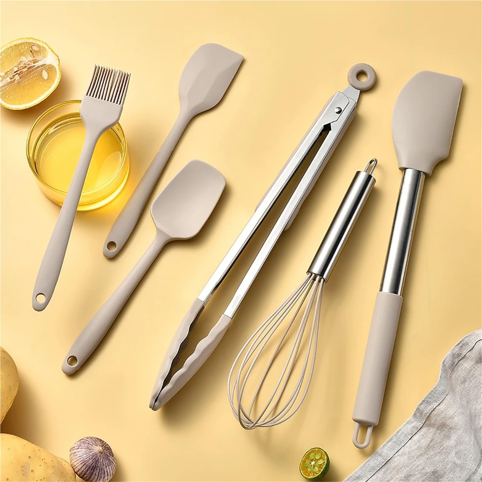 Silikon Küchenhelfer Set 2/4/6/8-teiliges Silikon-Küchengeschirr-Set, Edelstahl, Handschaufel, Suppenlöffel, Spaghetti-Klaue, Kochen(8pcs black)