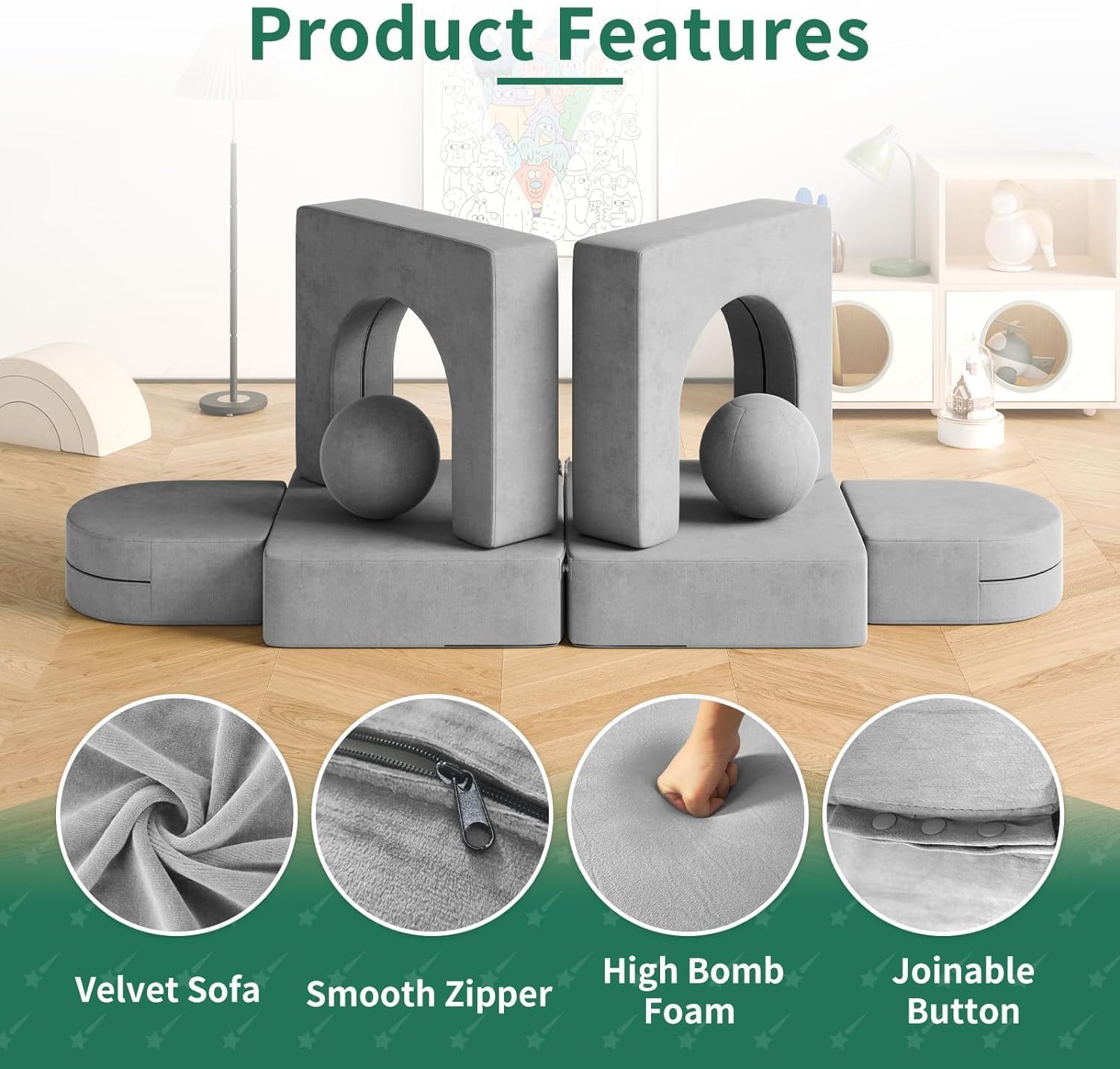 Pipleo 8 Pcs Modular Kids Play Couch, Fold Out Toddler Couch Building Fort with Balls for Playroom, Convertible Kids Floor Sofa and Foam Couches for Boys and Girls, 2000+ Creativity - Grey