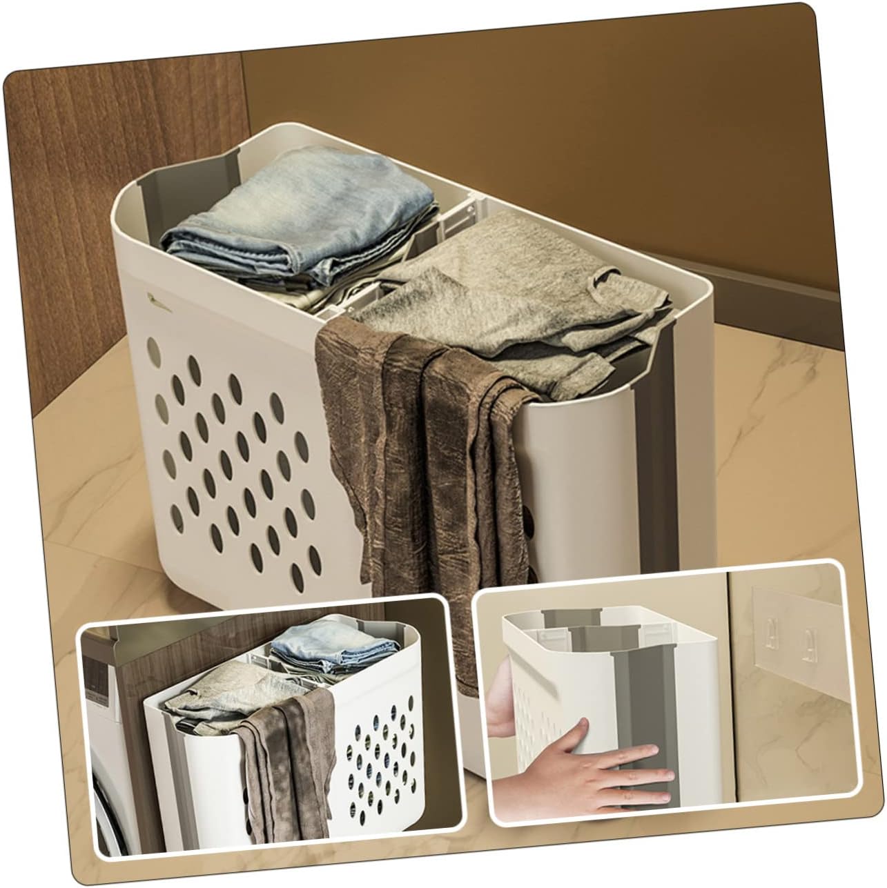 Foldable Double Compartment Laundry Basket Wall Mount Large Capacity Hollowed Clothes Hamper Organizer for Bathroom Bedroom Nursery Space Saving Dirty Clothes Container with Smooth