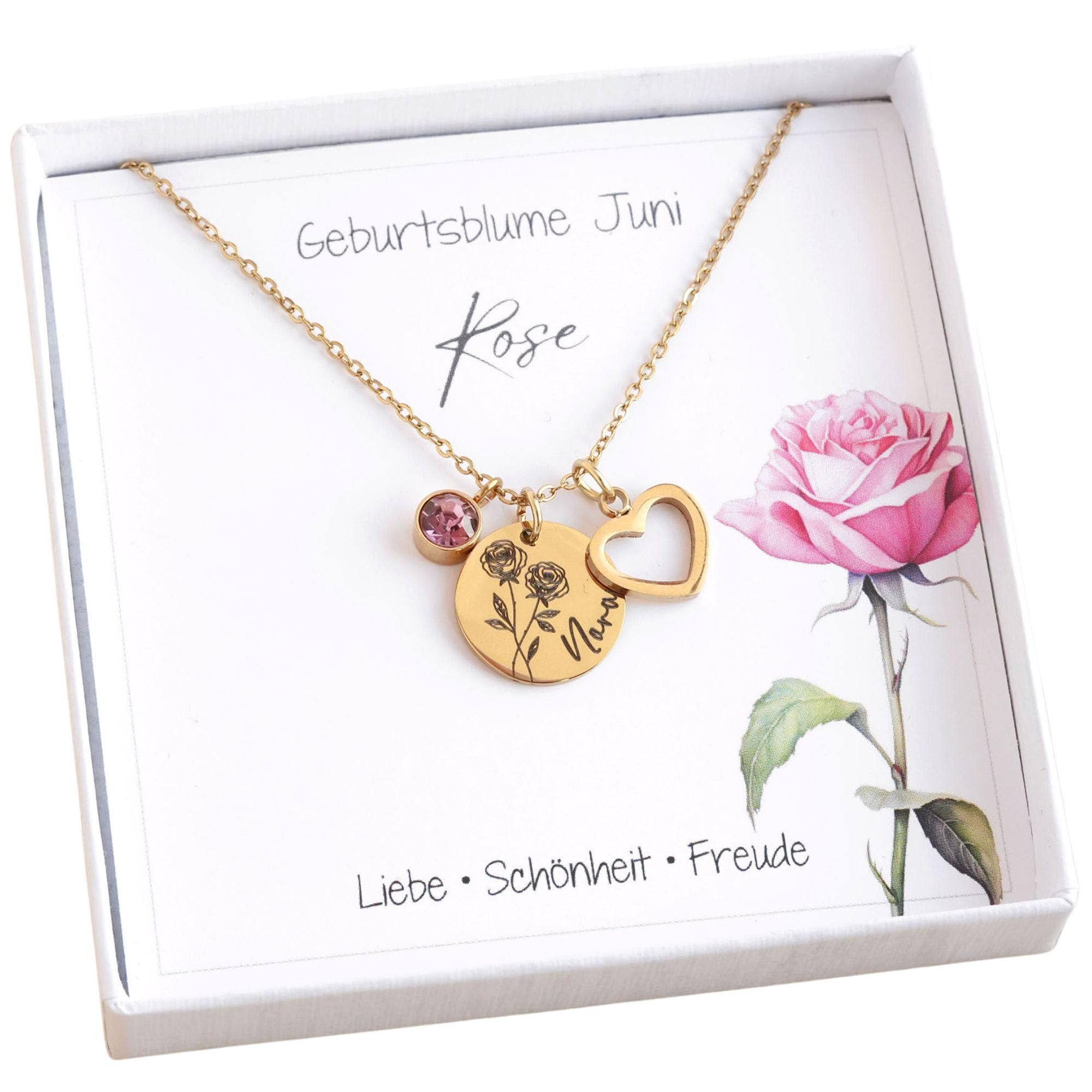 Kette mit Geburtsblume und Herz Anhänger Silber Gold Roségold personalisiert mit Gravur Namenskette Geburtsblume Geschenk zur Taufe Geburt Geburtstag Muttertag Kette für Mütter Herzkette