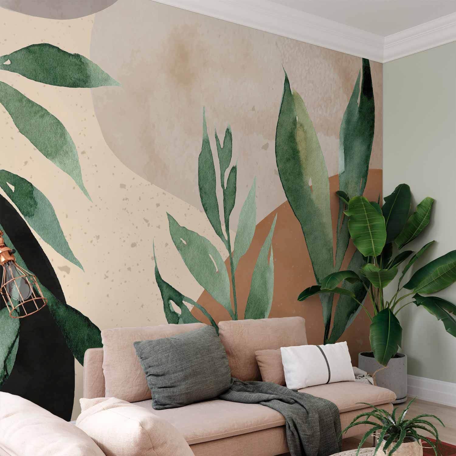 decomonkey - Papier Peint Panoramique Nature 350x256 cm - Décoration murale moderne – Tapisserie décorative pour chambre salon - Scandiboho tendances feuilles plantes nature