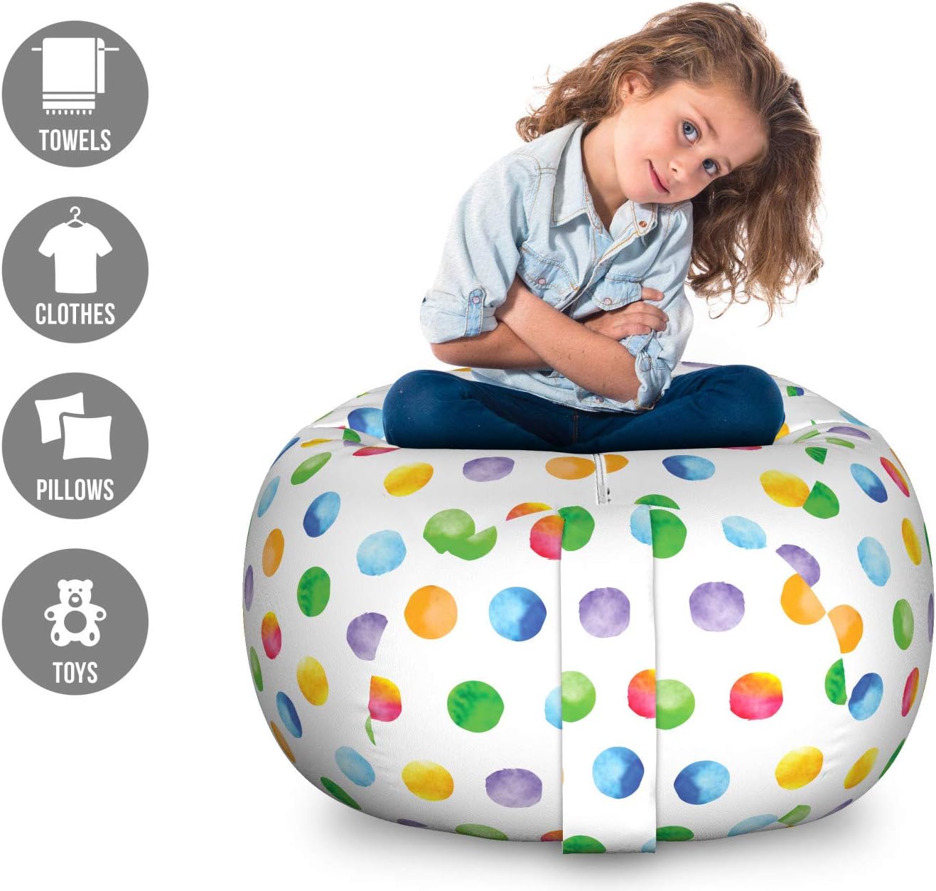 Ambesonne Abstract Storage Toy Bag Chair, Big Polka Dots Colorful Circles Watercolor Paintbrush Modern Artwork, Stuffed Animal Organizer Washable Bag, Large Size, Multicolor