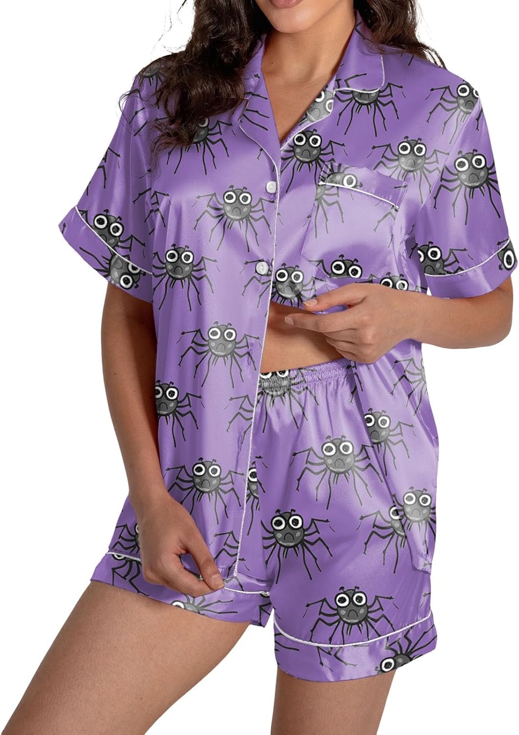 Halloween Pajama Shorts Set for Women Silk Satin Button Up Cute Sexy Skeleton Sleepwear Lounge Sets Short Sleeve Soft