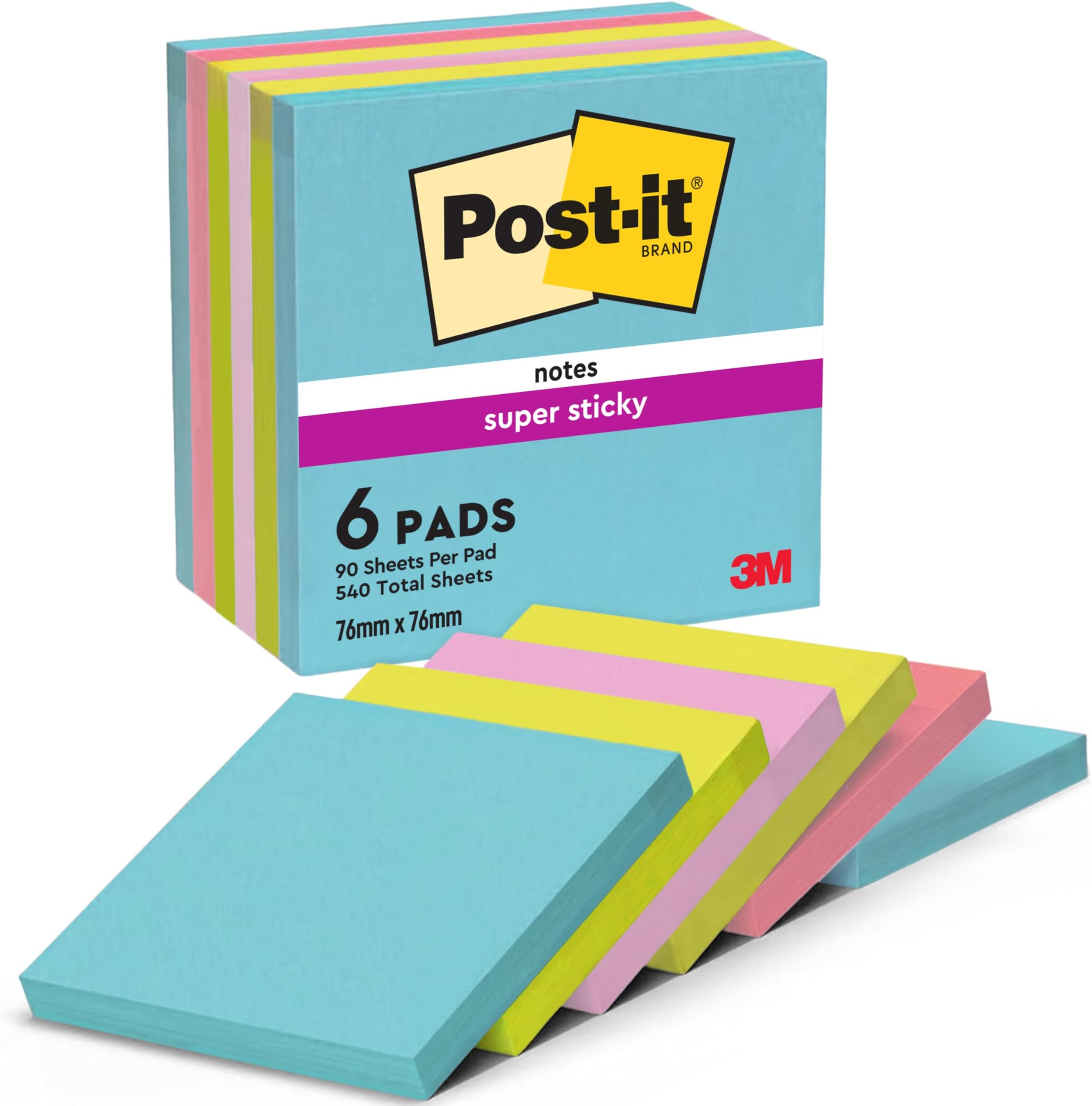 Post-it Super Sticky Notes, 540 Sheets, Pack of 6 Pads, 76 mm x 76 mm - Holds Strong to Many Surfaces - Bright Colours - for Walls, Monitors and Fridge, Recycable
