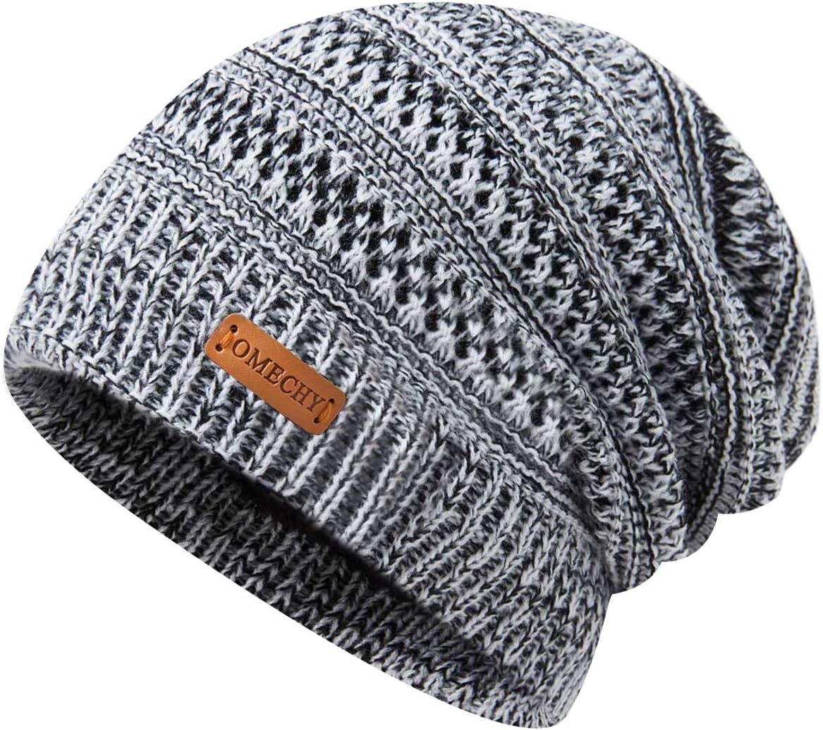Beanie for Men Women Thick Warm Fluffy Lined Knit Winter Hat Slouch Chunky Stretch Plain Cuff Toboggan Cap One Size Light Grey