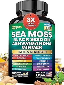 Athinika Nutrition Sea Moss 7000mg Black Seed Oil 4000mg Ashwagandha 2000mg Turmeric 2000mg Bladderwrack 2000mg Burdock 2000mg & Ginger Vitamin C Vitamin D3 with Elderberry Manuka Dandelion