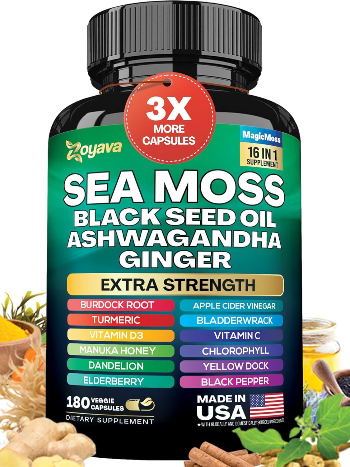 Athinika Nutrition Sea Moss 7000mg Black Seed Oil 4000mg Ashwagandha 2000mg Turmeric 2000mg Bladderwrack 2000mg Burdock 2000mg & Ginger Vitamin C Vitamin D3 with Elderberry Manuka Dandelion