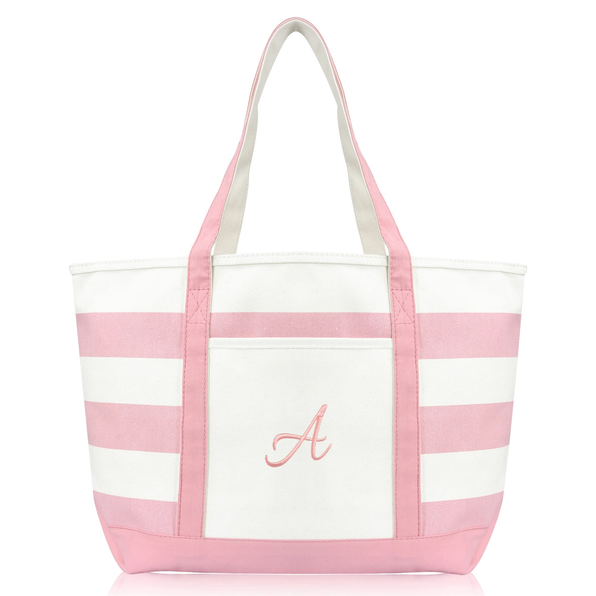 DALIX Striped Beach Bag Tote Bags Satchel Personalized Pink Ballent Letter A - Z