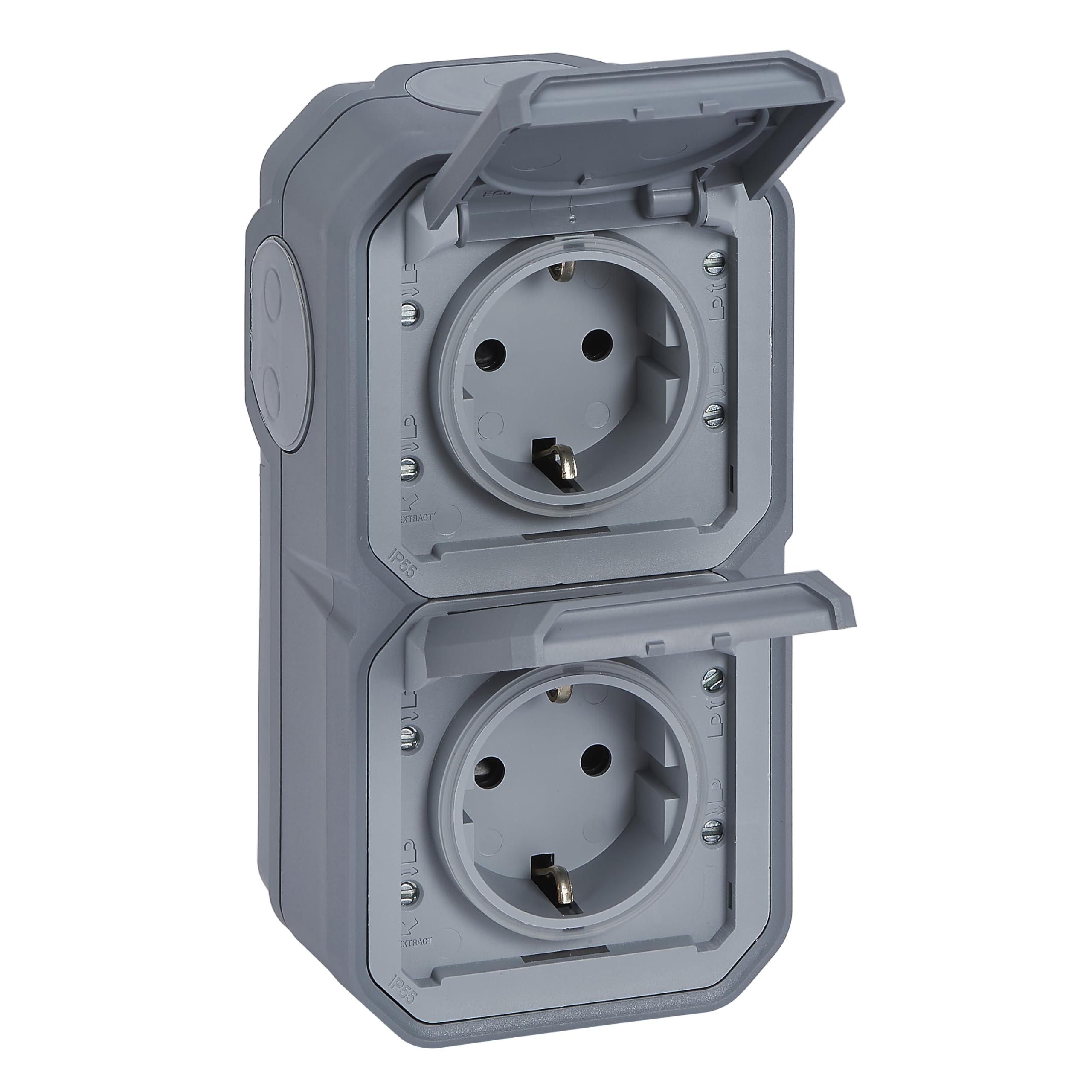 LEGRAND, Plexo New Feuchtraum-Steckdose, 2-fach, Schuko-Standard, inklusive Klappdeckel, Berührungsschutz, Steckklemmen, vorverdrahtet, vertikal, IP44 - IK07, Farbe: Grau, 069744L