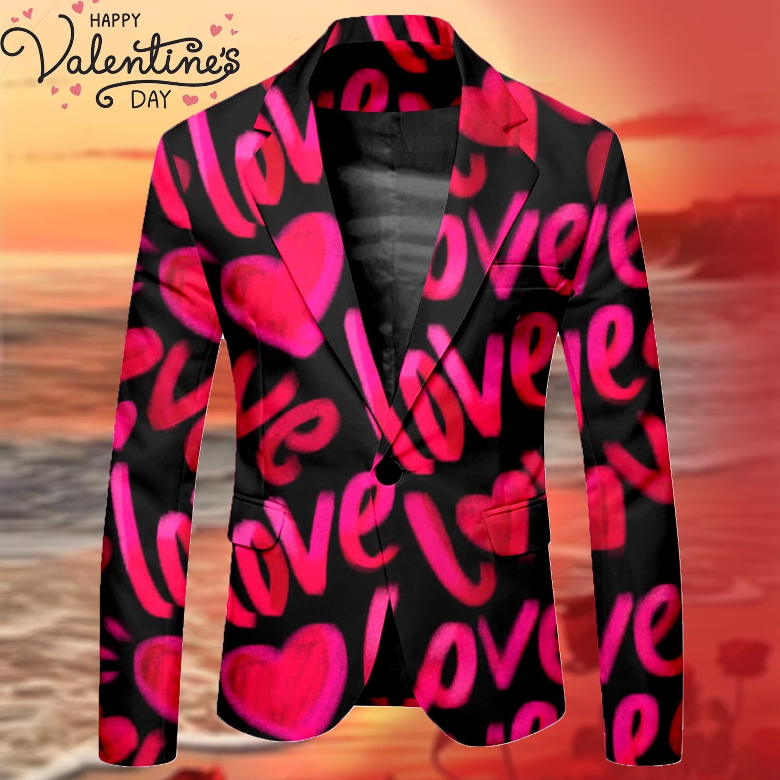 Herren Sakko Valentinstag Love Druck Blazer Slim Fit Anzugjacke Bunt Herz Motiv Party Hochzeit Fasching Kostüm Jacke Elegant Einreiher Freizeit Jackett für Männer