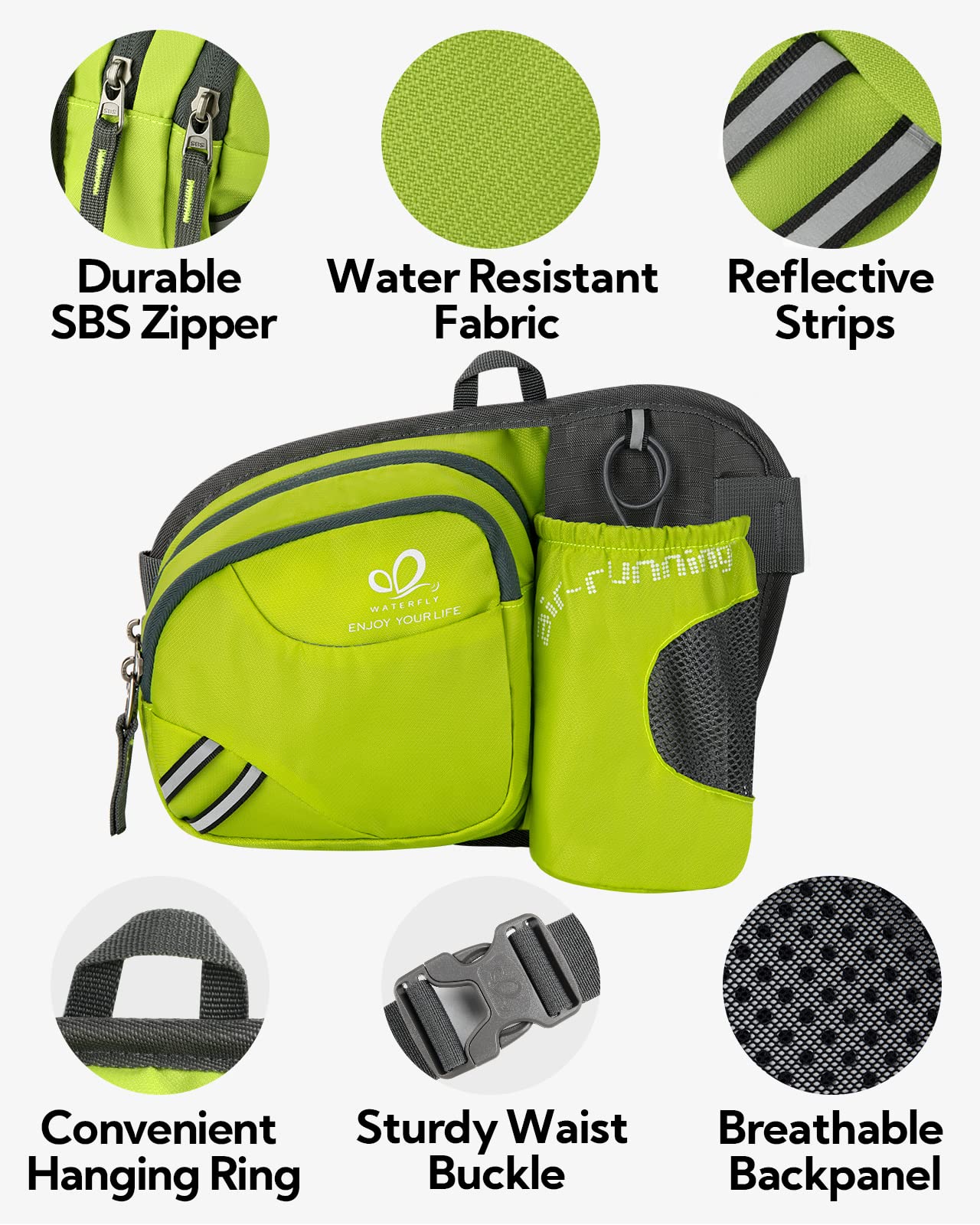 Waterfly Marsupio Trekking con Portaborraccia Marsupio Sportivo Uomo Donna per Escursionismo, Corsa, Ciclismo e Arrampicata (Verde fluorescente)