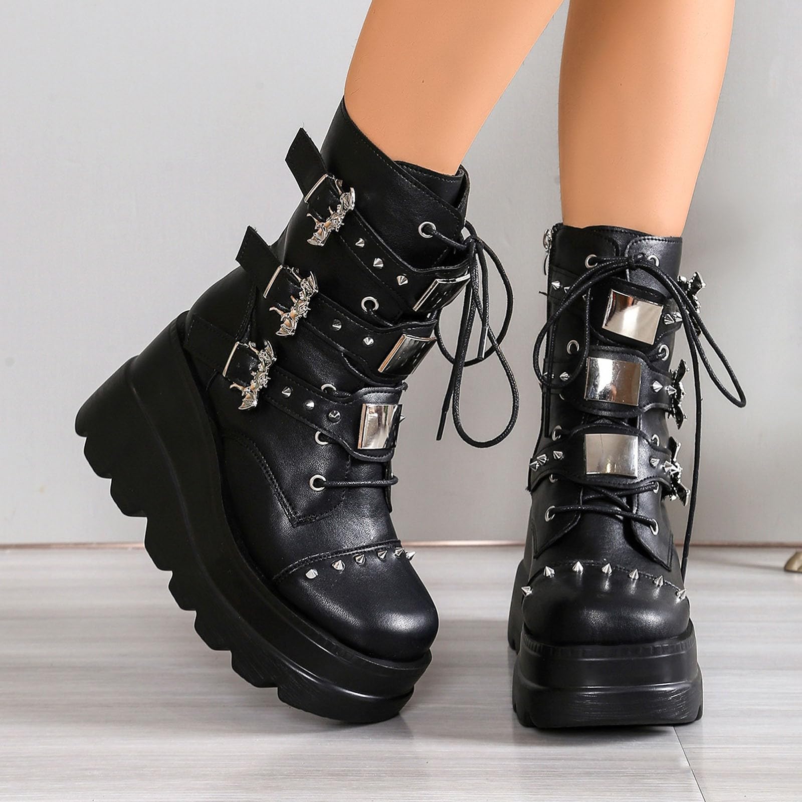 Generisch Botas de plataforma para mujer de estilo gótico llamativo - Botas con cordones con tacón de cuña y hebillas | Botas extravagantes para un look rebelde