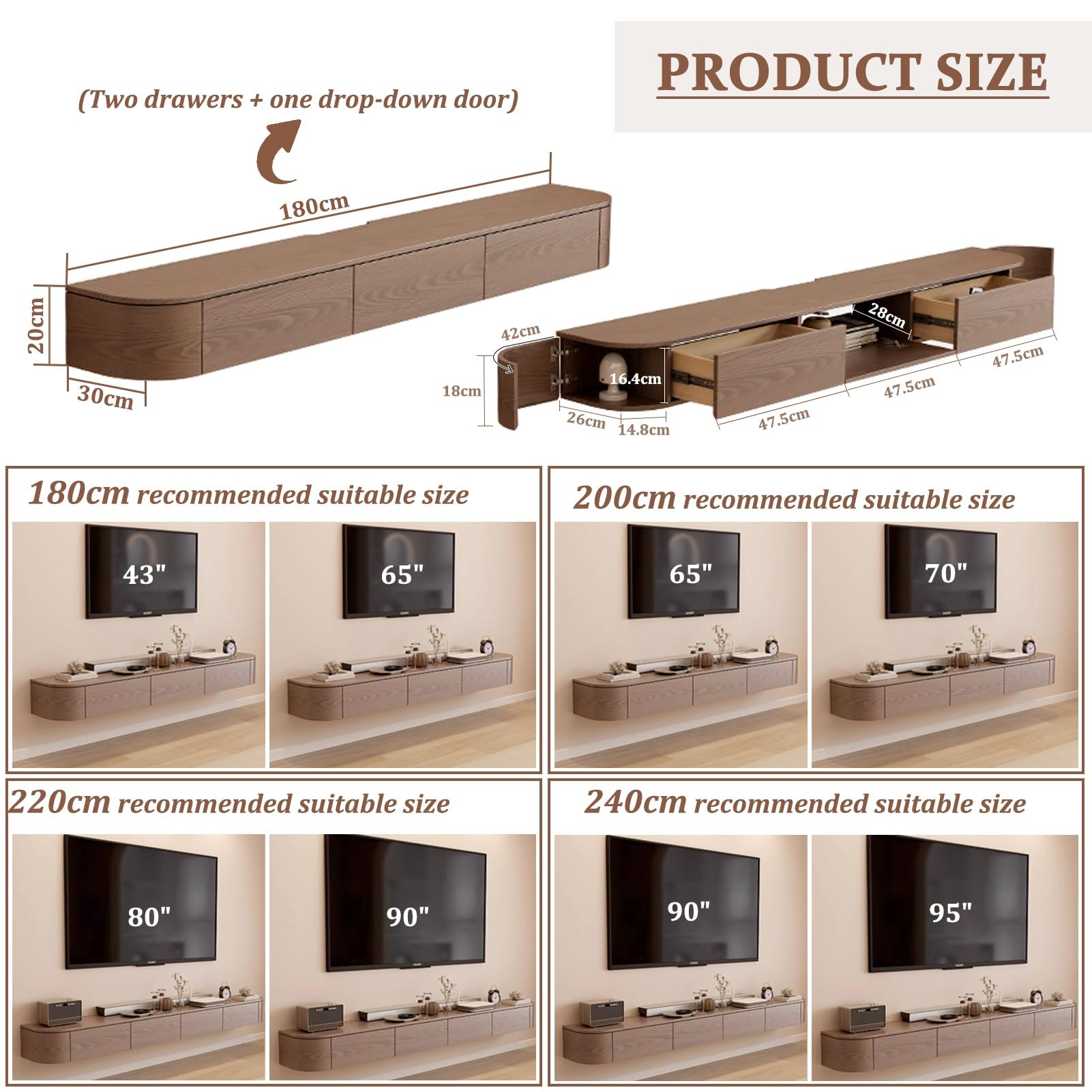 Floating TV Unit,160-240CM Wall Mounted TV Cabinet, Wall Mounted TV Stand With Flip-Down Doors & Drawers, Modern TV Media Console Center Large Storage TV Bench(BrownA,180cm)