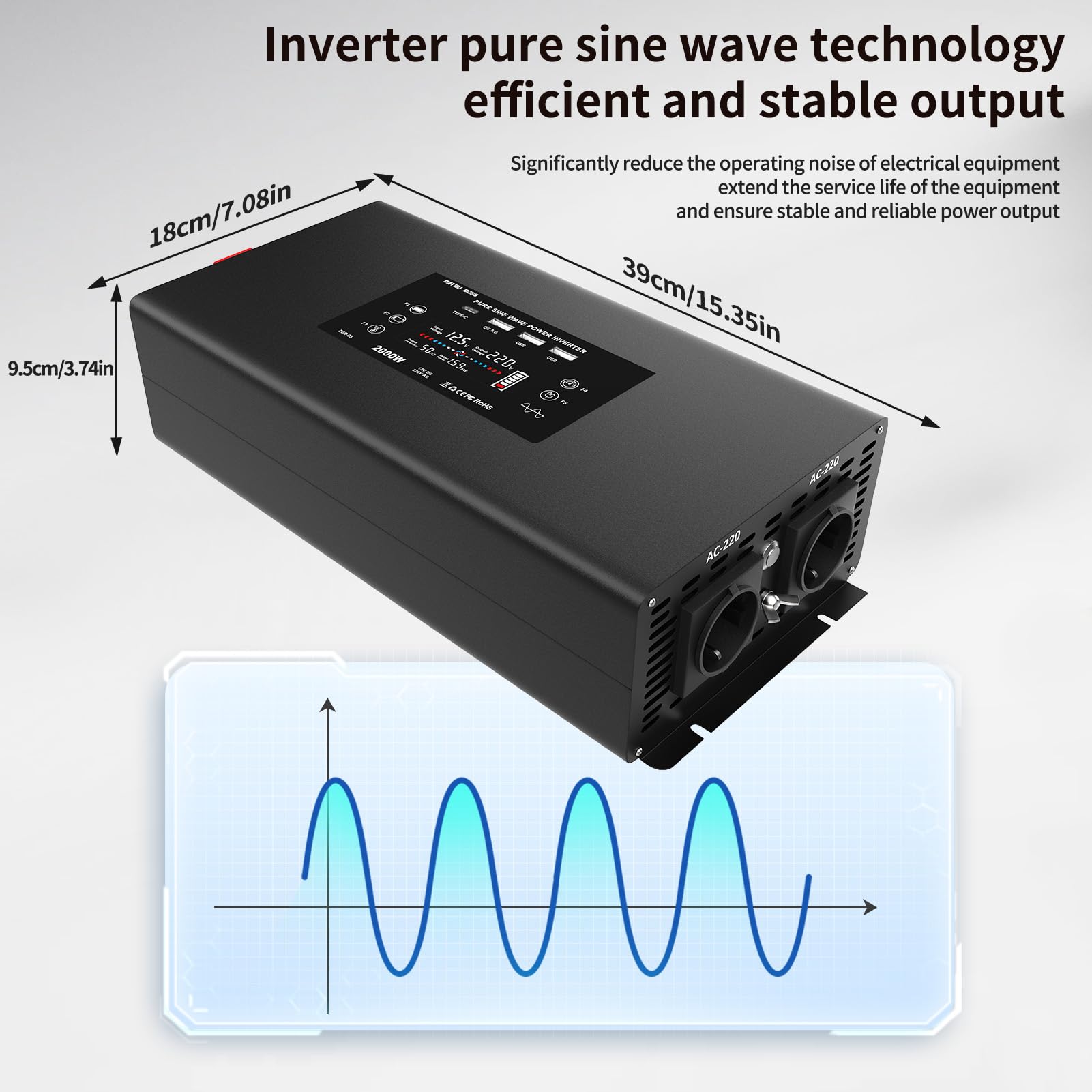 DATOUBOSS Power Inverter 12v 220v Onda Pura 2000W/4000W Inverter Convertitore con Telecomando 2 Prese EU, 2 Porta USB, QC3.0, Type-C e Display LCD per Auto,Camion, Camper