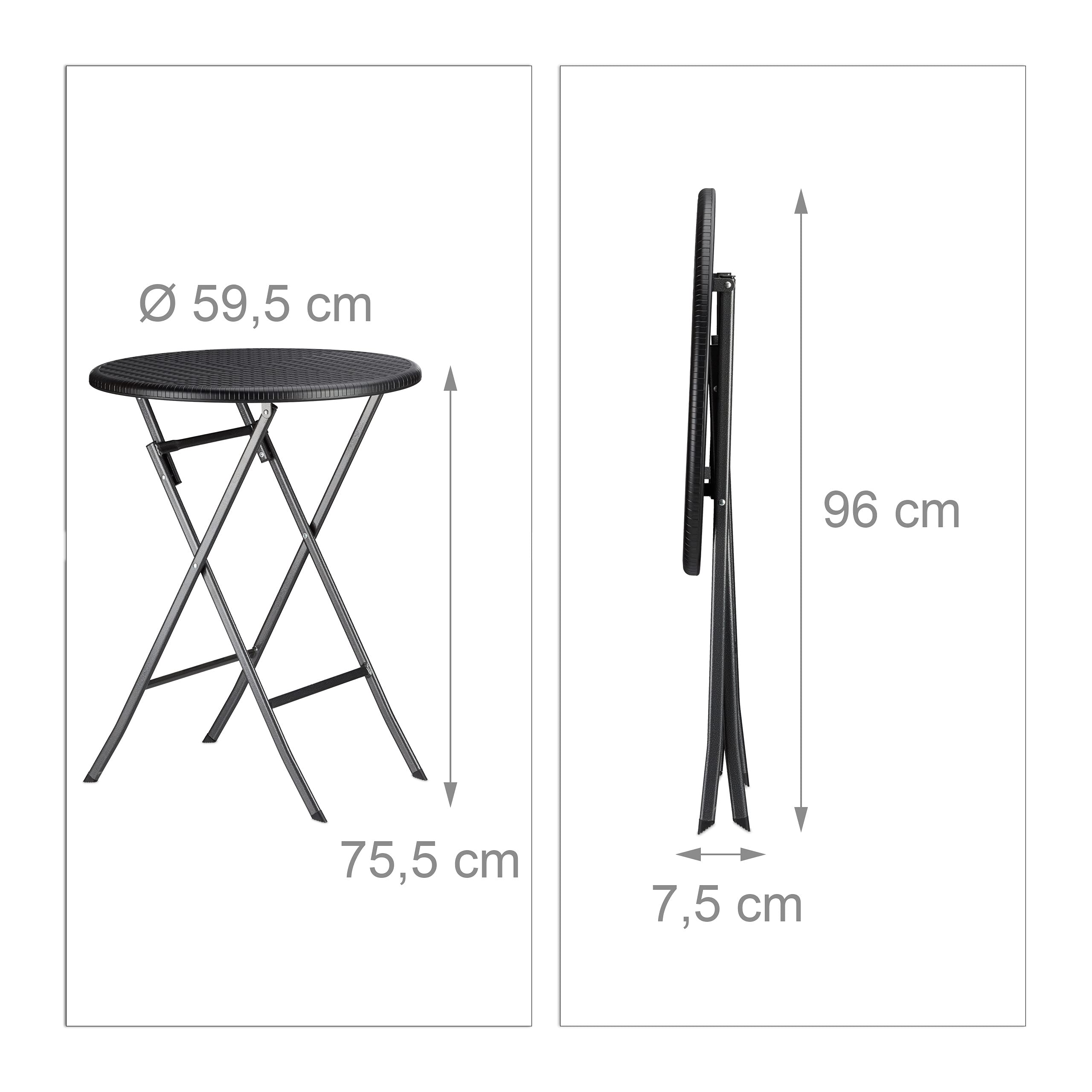 Relaxdays Set Mobili da Giardino BASTIAN, Tavolo e Sedie Campeggio, Pieghevoli, Rattan, HxLxP 75,5x60x60 cm, Nero