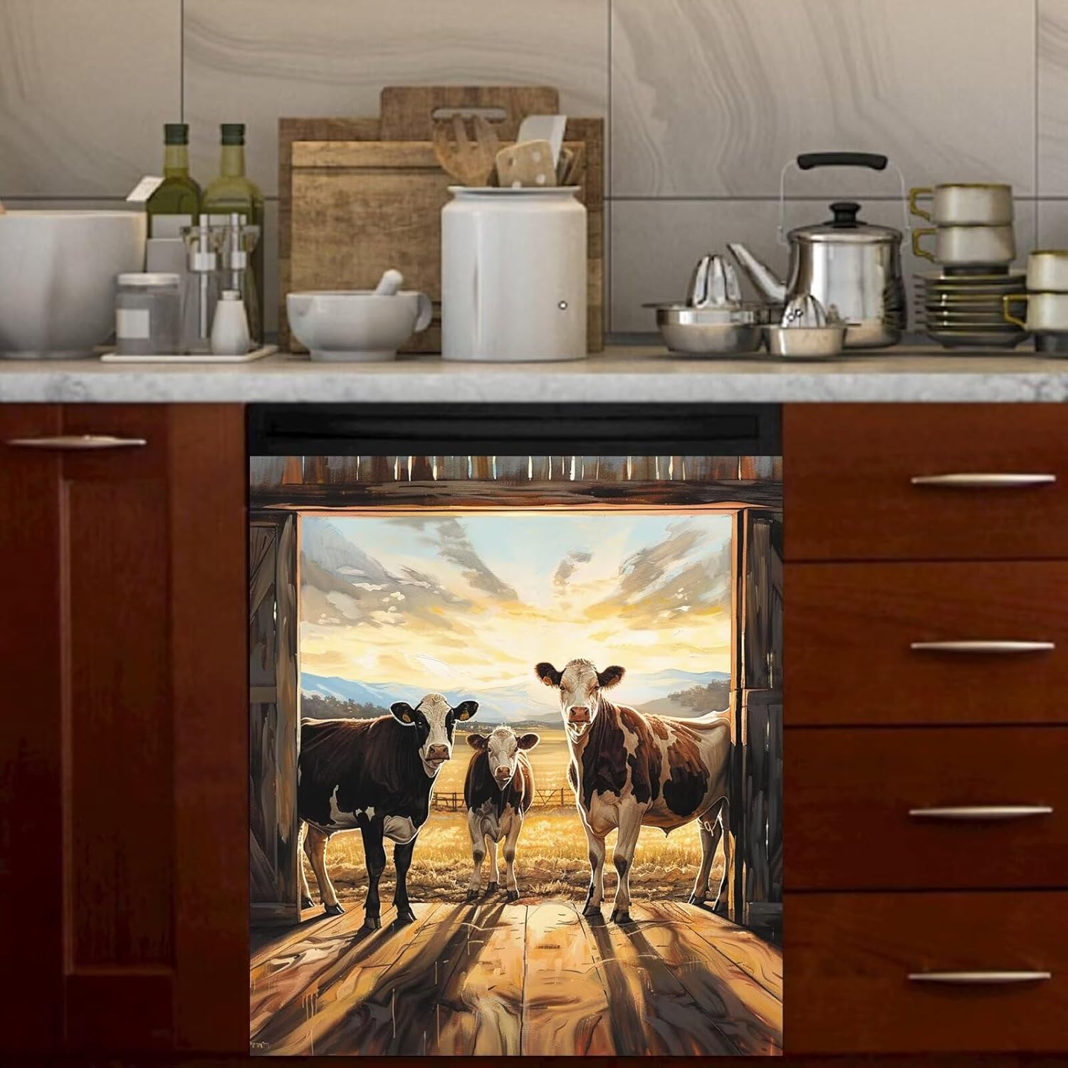 Funny Cows Magnetic Dishwasher Cover,Farmhouse Cattles Heifer Dishwasher Magnets Decal,Country Sunrise Sticker Refrigerator Decorative Cover,Fridge Magnet Decals for Appliance 23x26