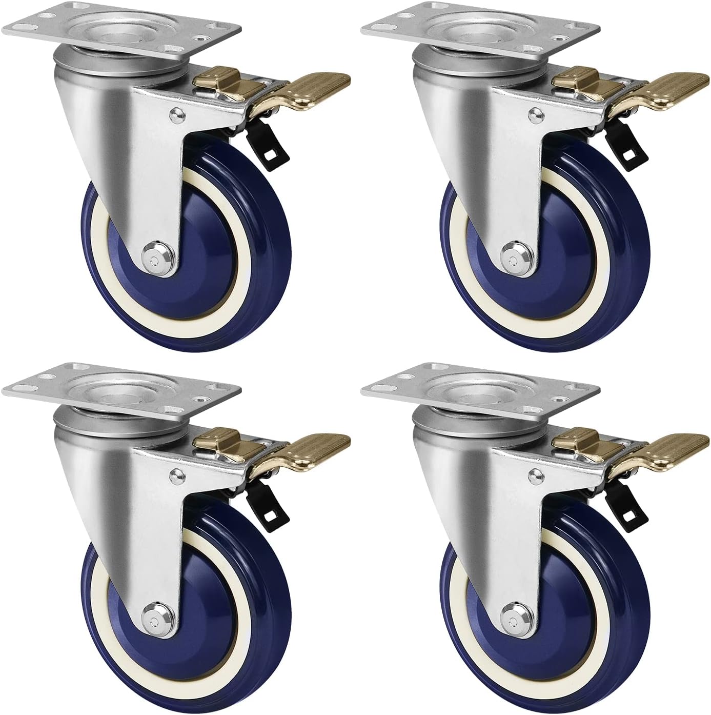 4 Casters Replacement Shopping Cart Wheels, Heavy Duty Locking Casters with Polyurethane Wheel, 3/8 Bore Swivel Casters Set of 4 Wheels for Cart Furniture