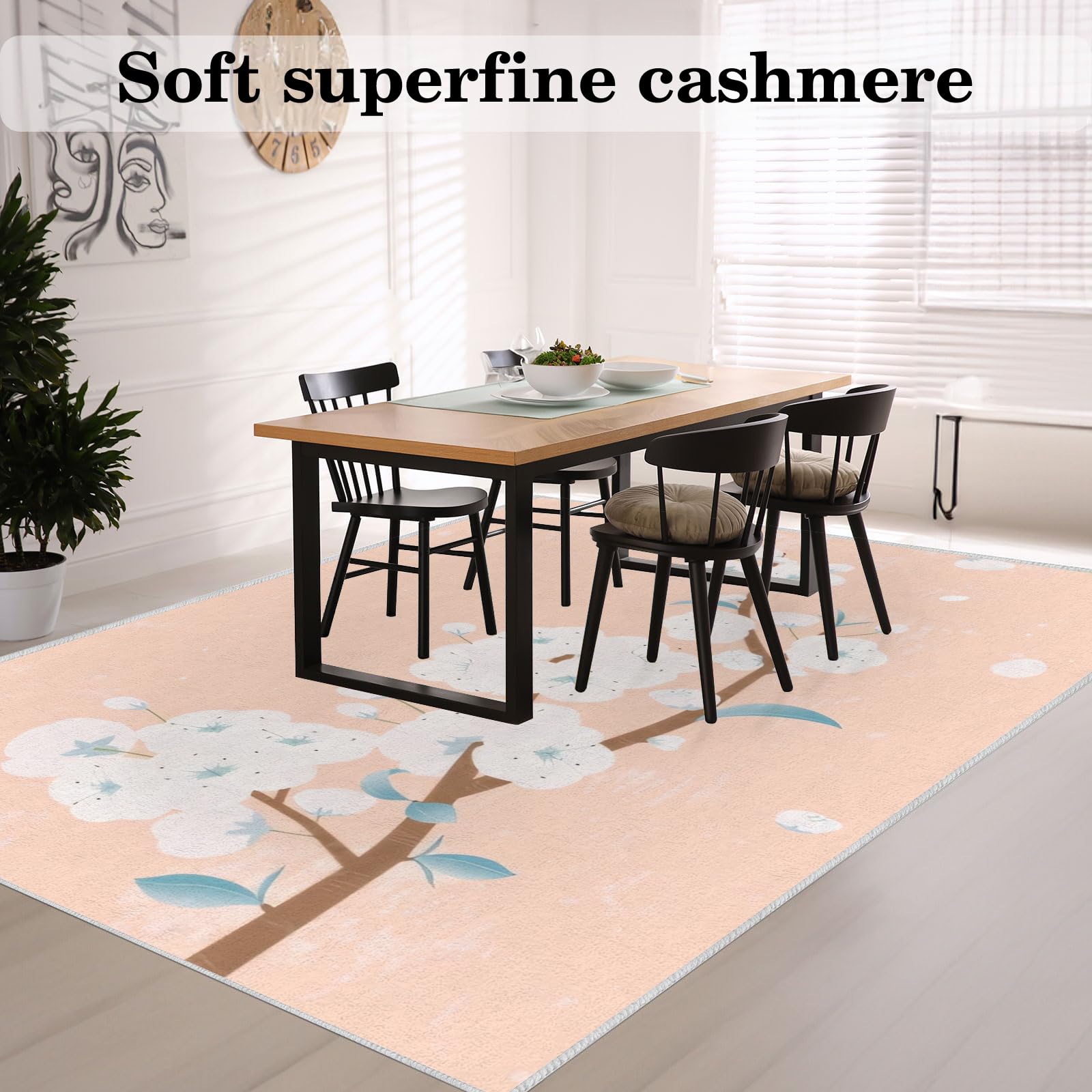 Tapis Fleur de Cerisier Lavable en Machine Tapis Salon 150x200 Poil Court, Tapis Beige Descente de Lit Chambre Doux Tapis Sol Absorbant, Moquette Decoration Chambre Fille Ado Adulte