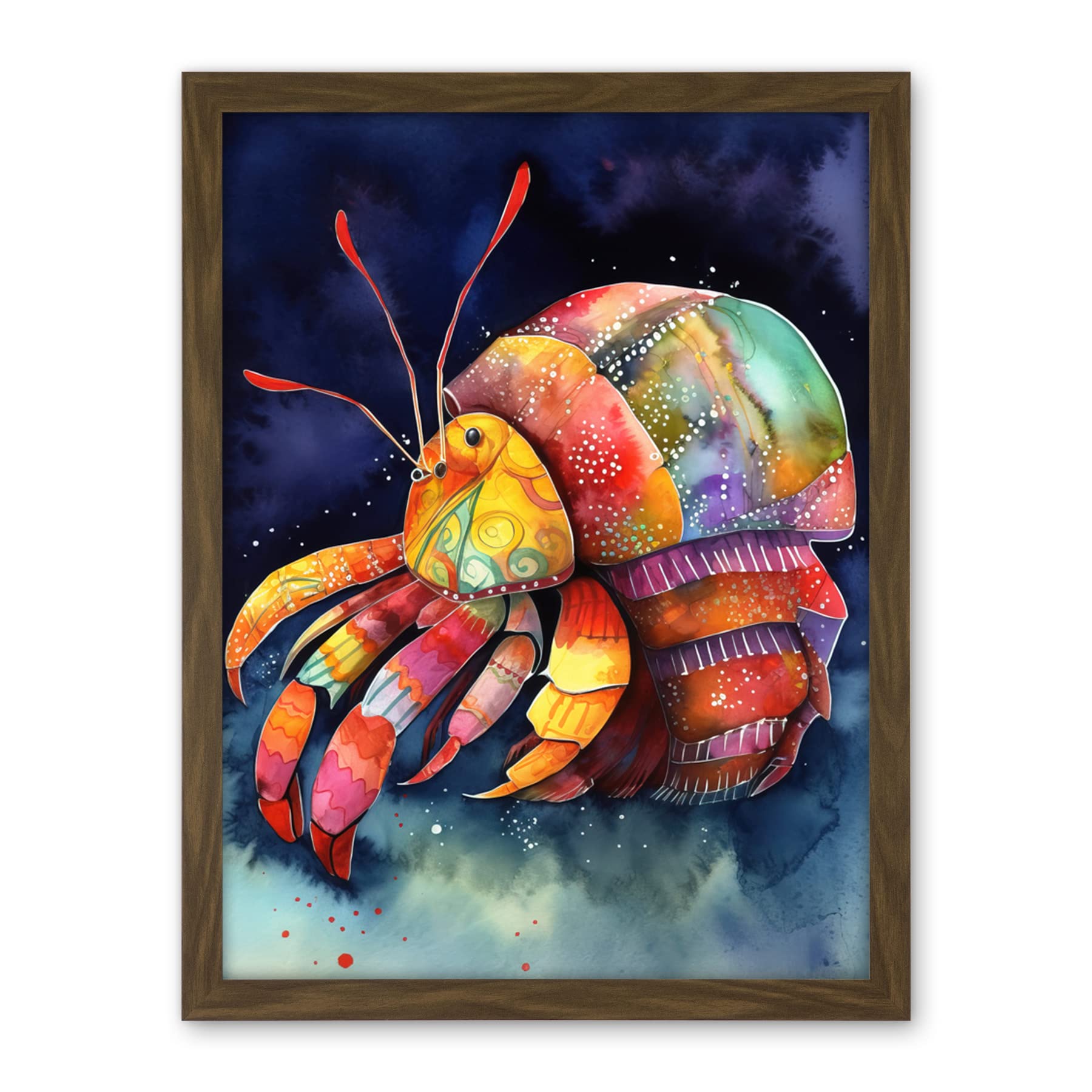 Artery8 Hermit Crab Vibrant Folk Art Watercolour Painting Artwork Framed Wall Art Print 18X24 Inch