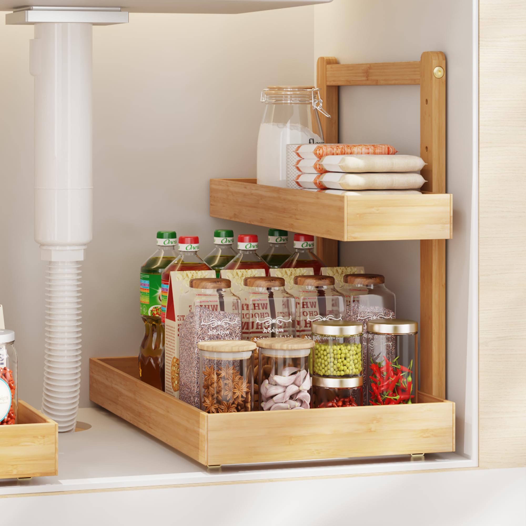 Photo 1 of *** Missing hardware ***Bamboo Under Sink Organizer and Storage, 2 Tier Pull Out Cabinet Organizer, Slide Out Under Sink Storage Shelf, Undersink Organizers Shelves for Kitchen Bathroom Organization (Nature, 1 Pack)