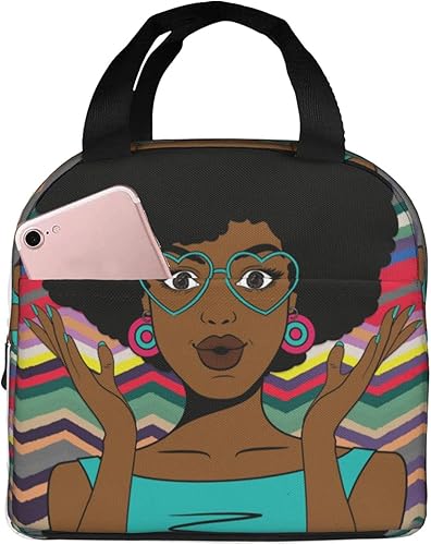 Fiokroo Bolsa de almuerzo aislada con diseño de arte pop africano, mujer americana, reutilizable, impermeable, bolsa de almuerzo para escuela