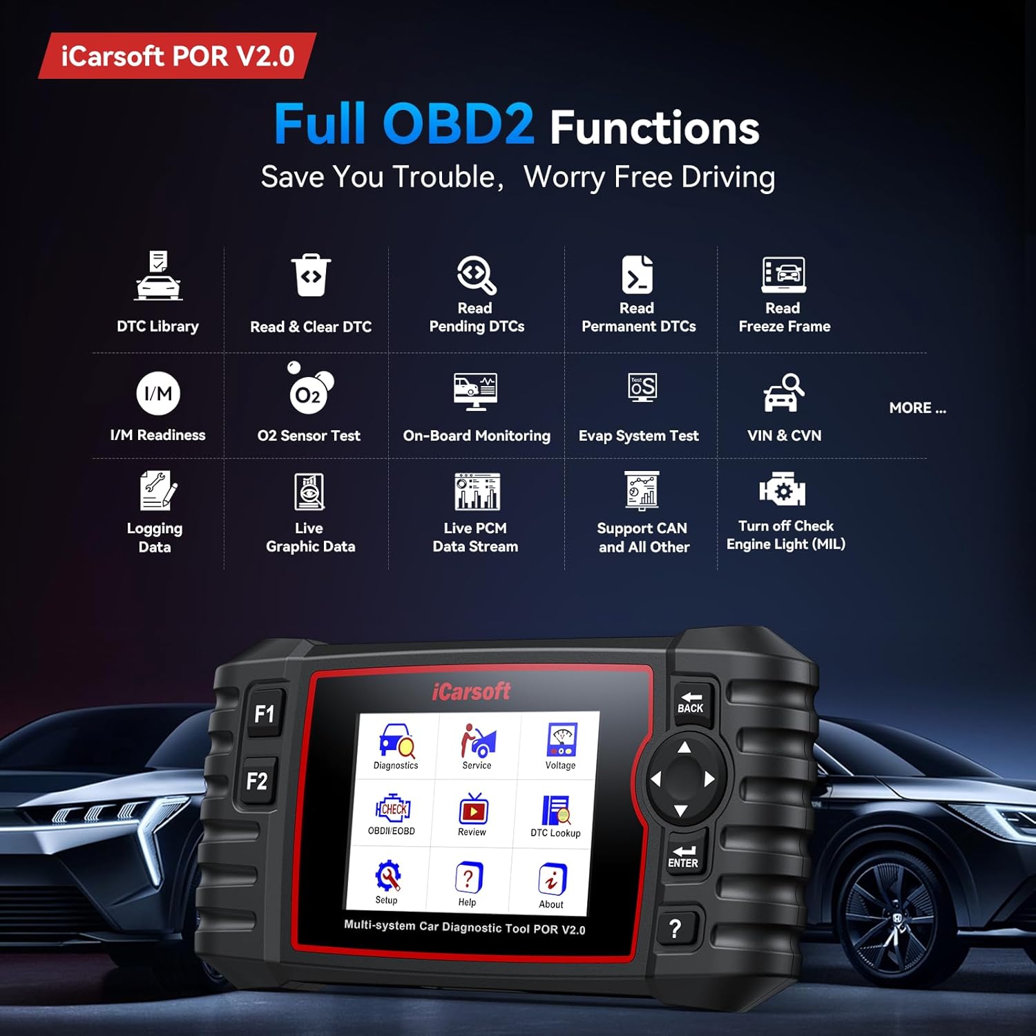 iCarsoft POR V2.0 fit for Porsche/Cayenne/911 Full Systems Diagnostic Scan Tool, OBD2 Scanner with 8 Resets, Live Data, Battery Test Module Info, Lifetime F-Ree Update