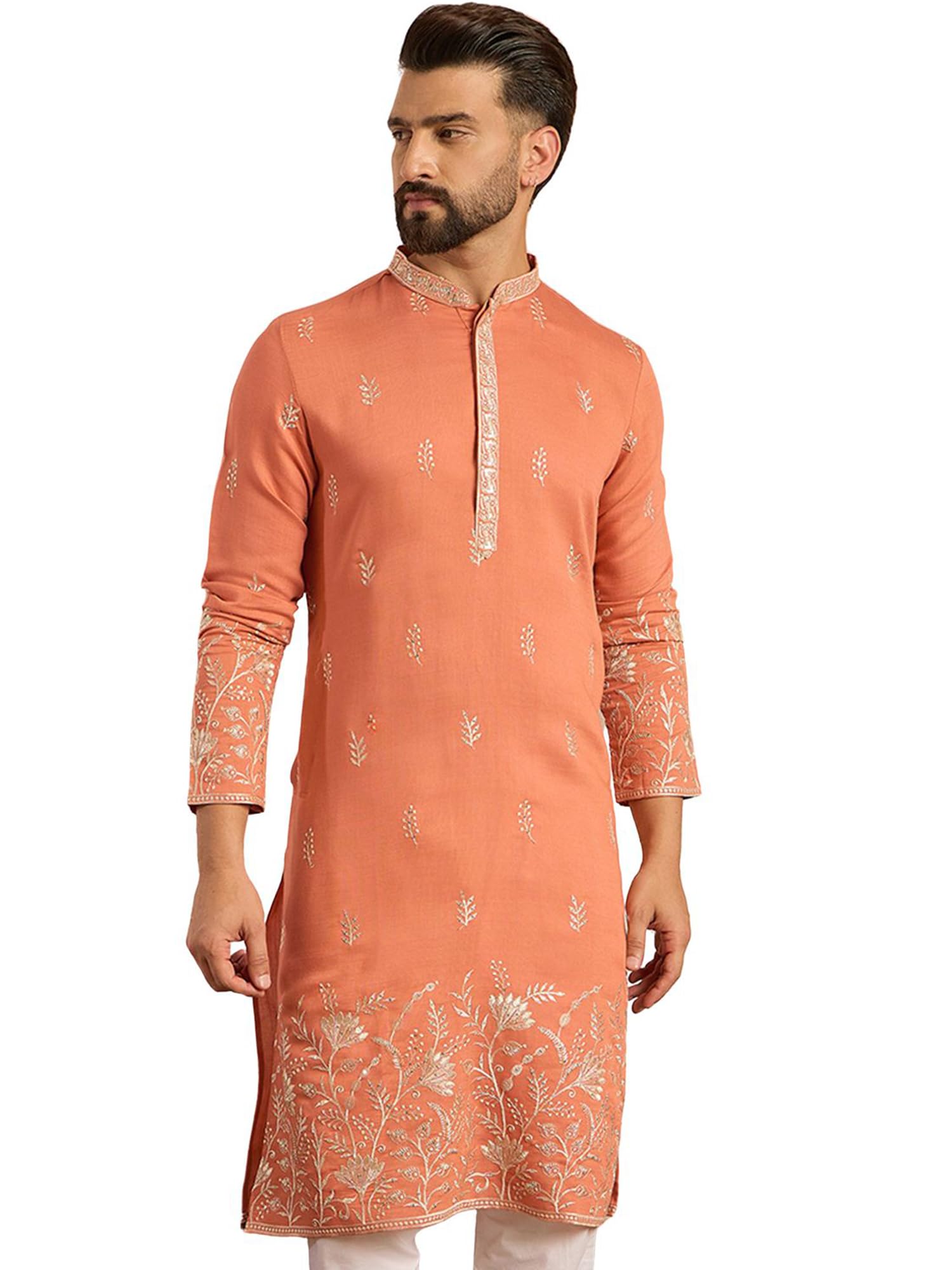 Mens Peach Silk Blend Solid Embroidery Design Calf Length Kurta Set | Men'S | Solid Embroidered Kurta's Sets For Men | Straight Fit Kurtas Set For Men's-picture-32