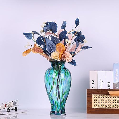 Miniatura 4 de Jarrón de vidrio soplado a mano de 11.8 pulgadas de alto, hermoso jarrón turquesa de boca ancha para centro de mesa, floreros pintados de cristal de