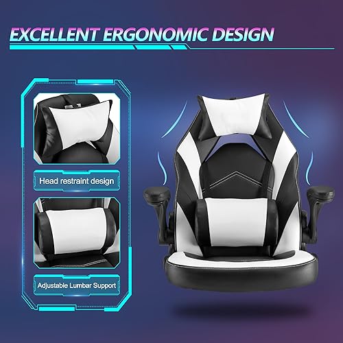 Miniatura 4 de Silla ergonómica de escritorio para juegos de computadora, piel sintética con soporte lumbar ajustable y reposacabezas, reposabrazos abatibles,