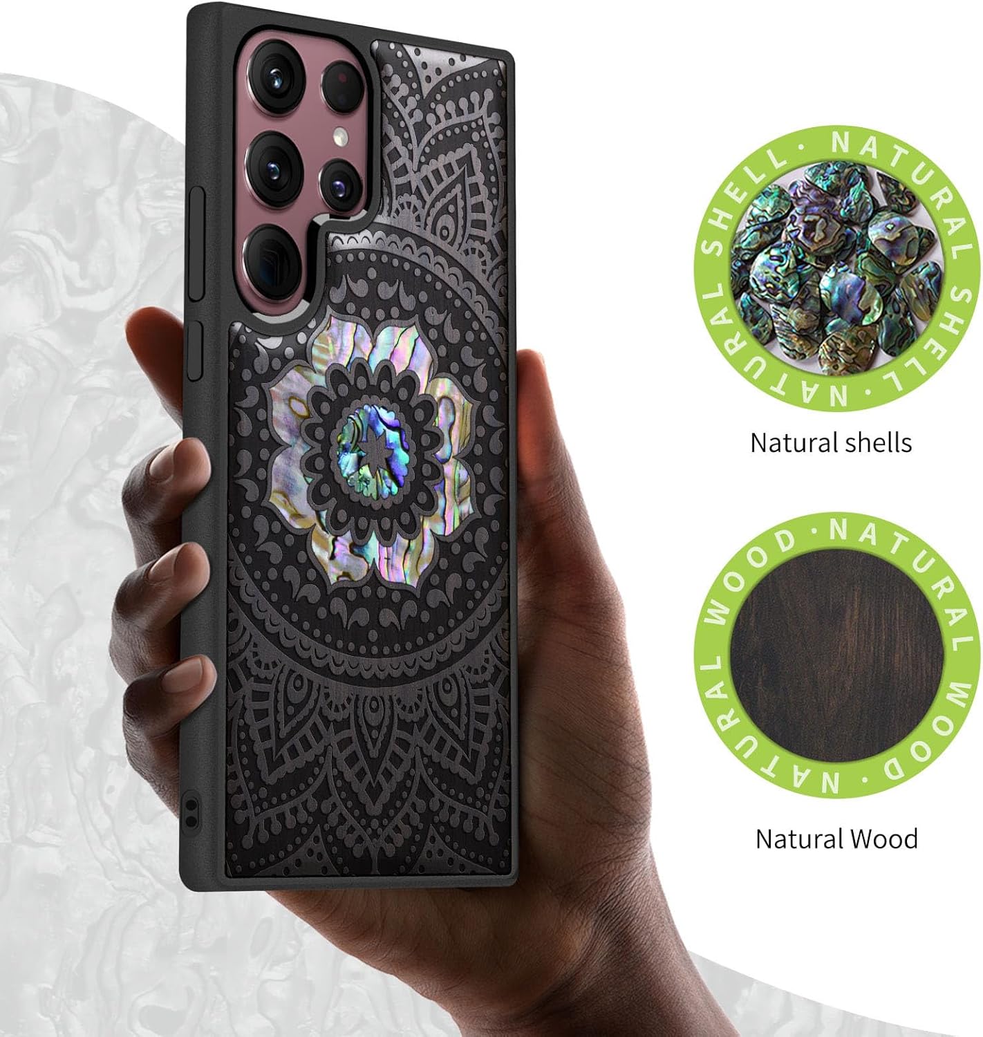 Carveit Designer Wooden Cover for Samsung Galaxy S22 Ultra Case [Wood Engraving & Shell Inlay] Compatible with Wireless Chargers S22 Ultra (Mandala Pattern-Blackwood)