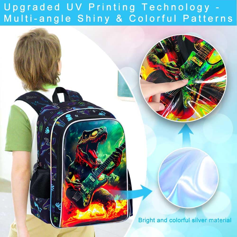 UFNDC 3PCS Kids Dinosaur Guitar Backpack, Boys Bookbag with Lunch Box, Water Resistant School Bag for Elementary Preschool Toddler