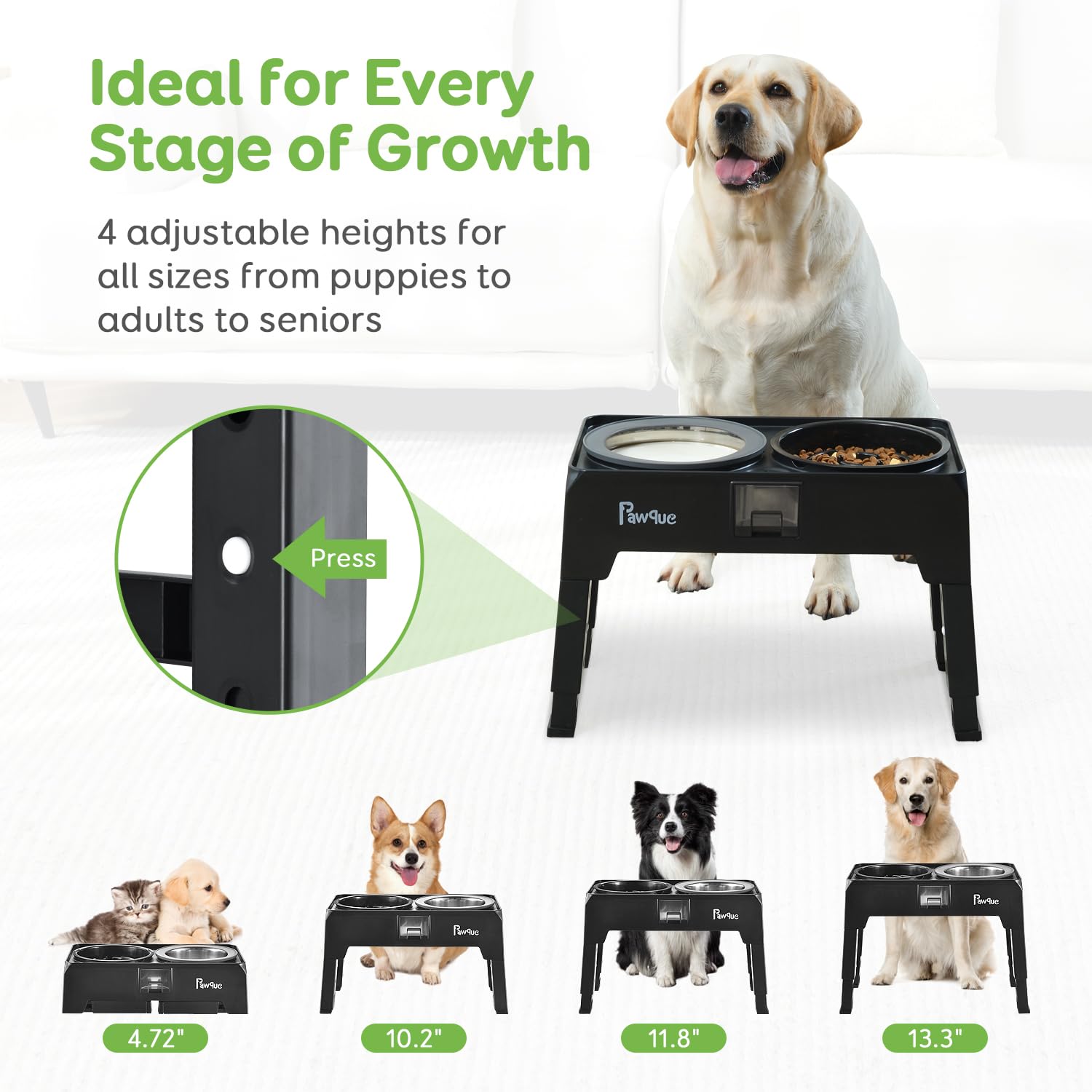 Hundenapf Erhöht Verstellbar | 2 Edelstahl Schalen | 4 Höhen 7.7-10.9 Zoll | Anti-Rutsch