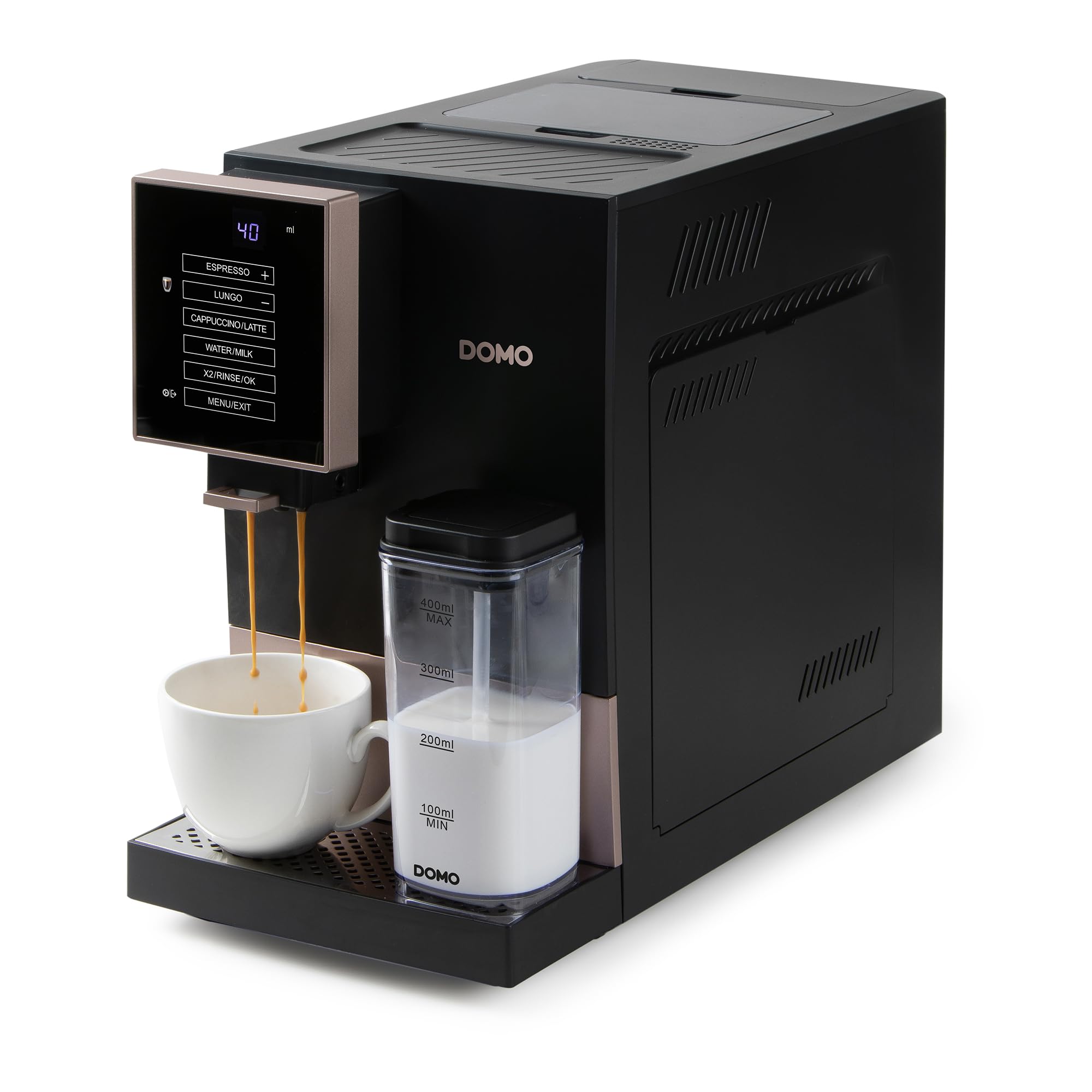 DOMO DO743K Machine à Expresso Entièrement Automatique avec carafe à lait intégrée - 1 touche bean to cup - Entièrement personnalisable - Espresso, Americano, Lungo, Cappuccino, Latte - 19 bars