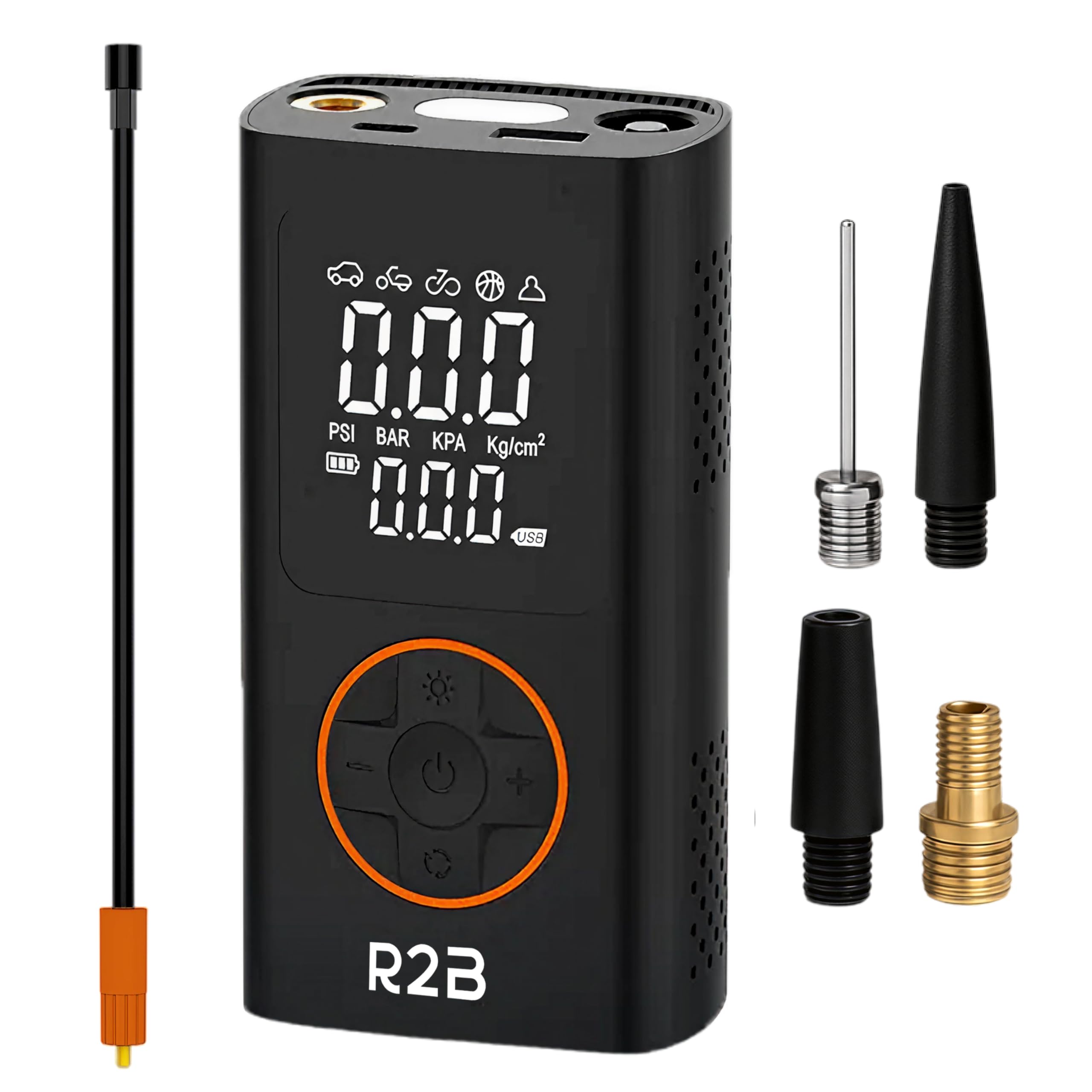 R2B Elektrische Fahrradpumpe 150 PSI, Kabellose Akku Luftpumpe mit Auto-Stop, LED-Licht, USB-C Wiederaufladbar, Mini Kompressor für Fahrrad, E-Bike, Auto, Motorrad, Bälle & Luftmatratzen