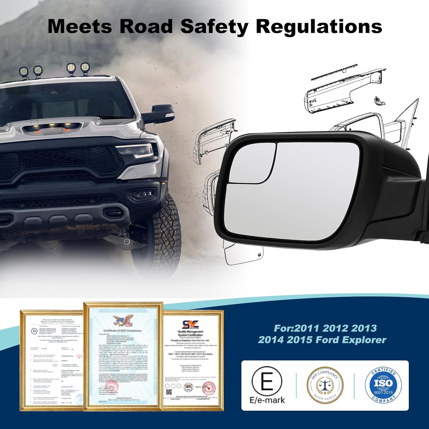 Left Driver Side Mirror Compatible With 2011 2012 2013 2014 2015 Ford Explorer With Power Glass/Manual Folding/Black Textured Cover Replace OE#BB5Z17683NA GB5Z17683AB(3 Pins)