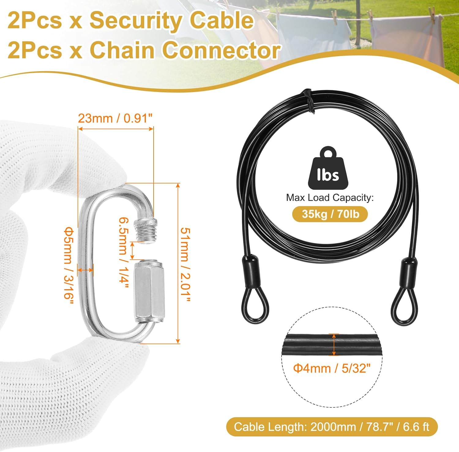 PATIKIL Security Cable Lock (5/32" Dia 6.6ft, Black)(2 Set) Vinyl Coated 304 Stainless Steel Double Loop Flexible Wire Rope Safety Cable with Quick Links Locking Connectors