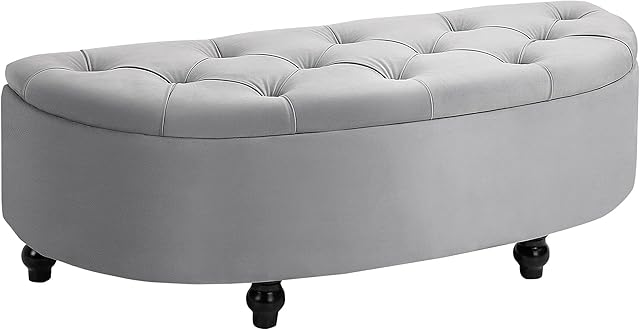 HOMCOM Semi-Circle Bed End Bench Ottoman with Storage Tufted Upholstered Accent Seat Footrest Stool with Rubberwood Legs for Bedroom & Entryway, Grey