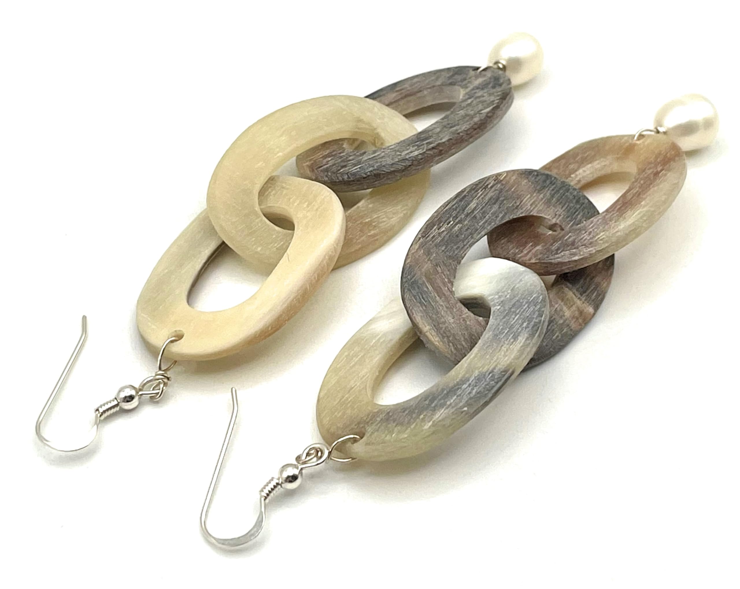 Orecchini con Corno e Perle Bianche Naturali, Pendenti Lunghi in Argento 925, Gioielli Pietre Dure, Regalo Compleanno per Lei, Bijoux