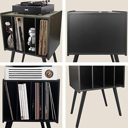 Miniatura 6 de Soporte para tocadiscos de bambú con 4 gabinetes con capacidad para hasta 100 vinilos, álbumes, mesa de almacenamiento de vinilo de mediados de
