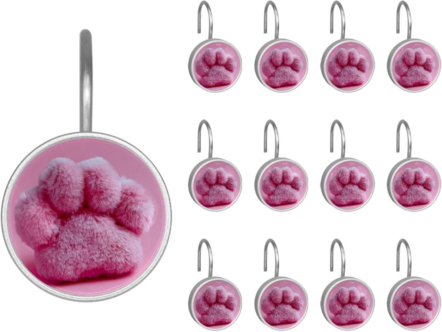12PCS Pink Paw Shower Curtain Hooks Rings for Bathroom, Decorative Shower Curtain Hooks Rods Curtains and Liner