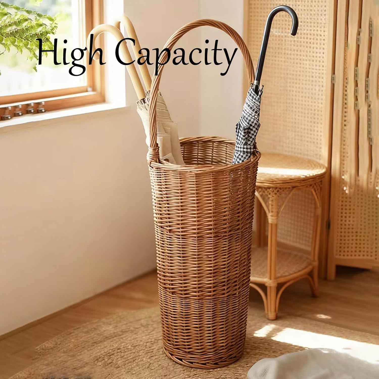 Rattan Umbrella Stand Rack, Wicker Weave Japanese Style Umbrellas Storage Bucket, Household Laundry Basket with Handle Fits Mudroom, Walking Canes, Home, Office