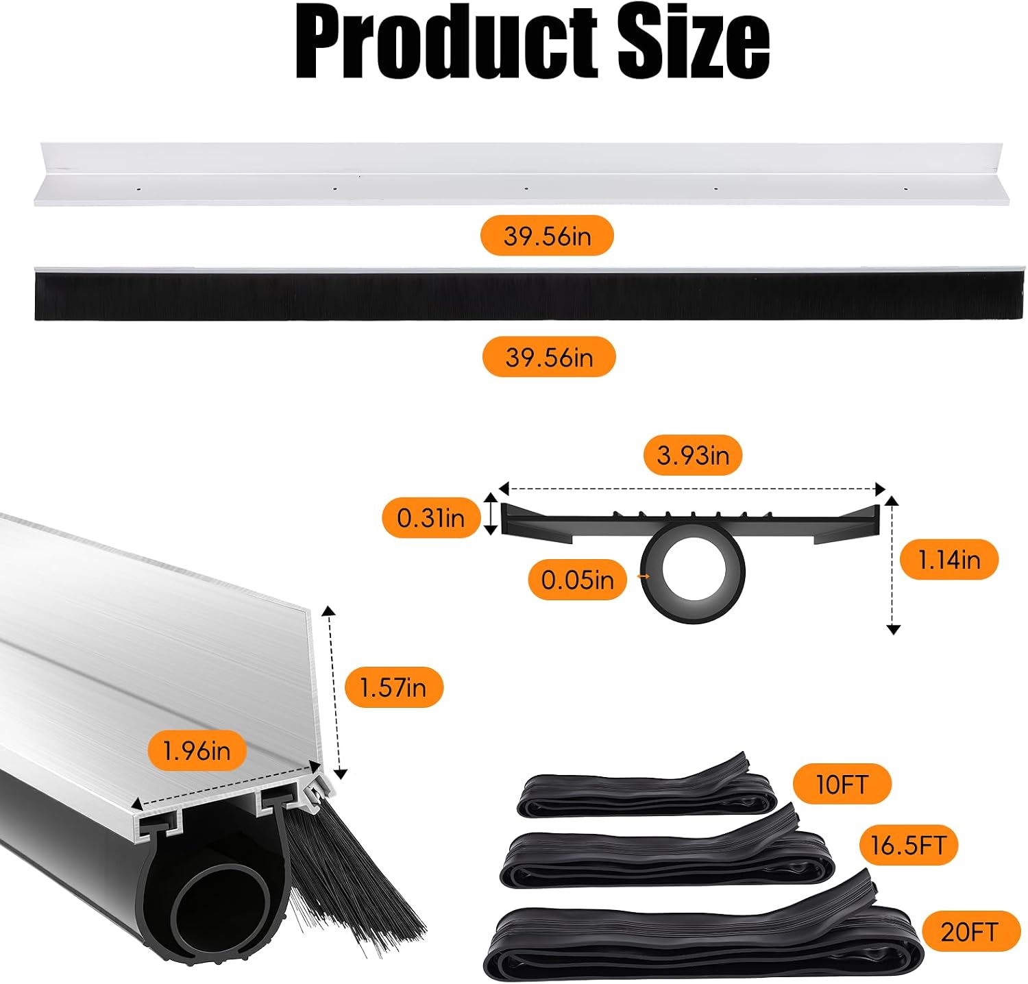 10FT Garage Door Seals Kit U-O Shaped Bottom Rubber Seal Strip Brush Strip | Garage Door Weatherproof Rubber Seal Strip Kit , Pre-Drilled Aluminum Track Mounting Base Kit, Seal Strip 5cm Brush Strip
