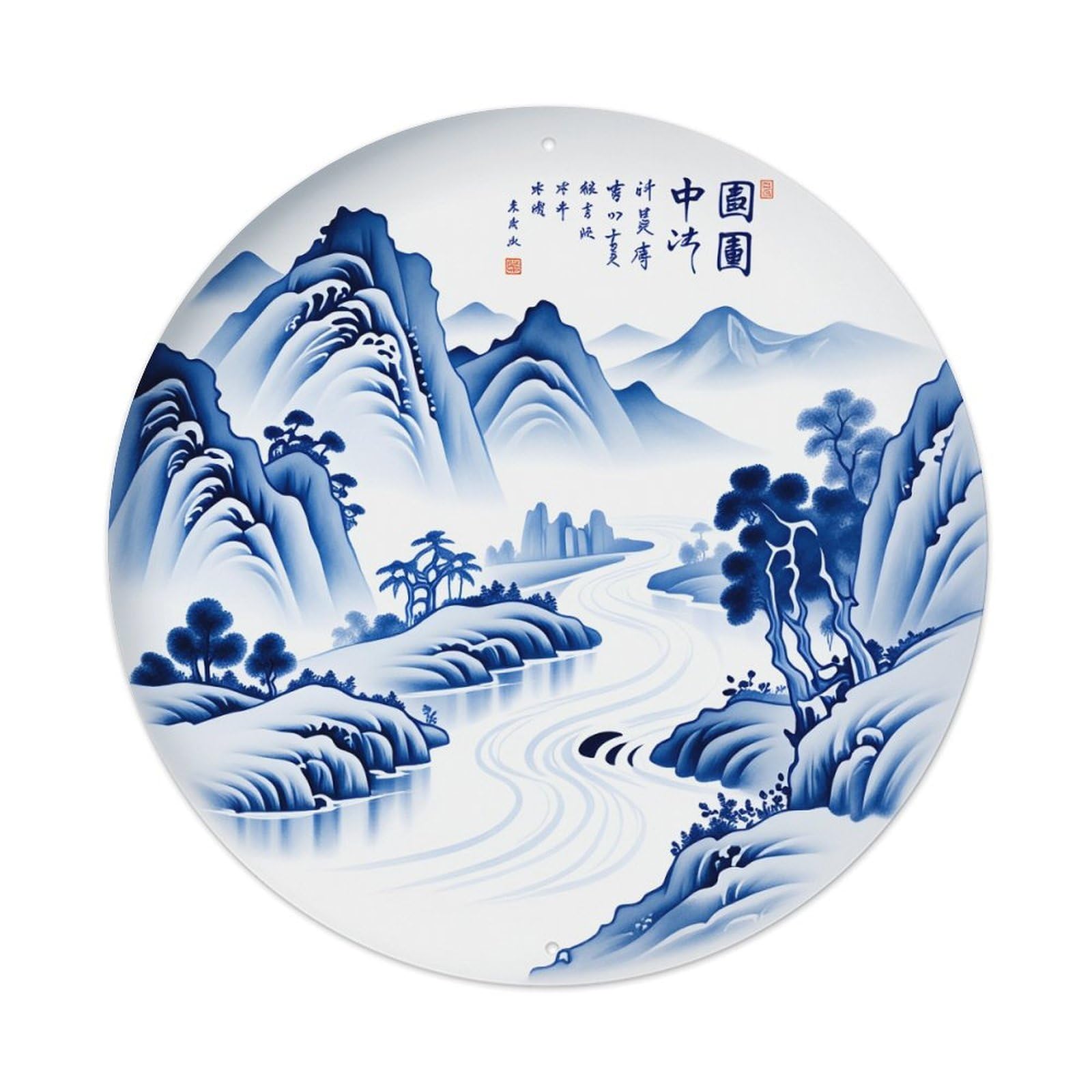 Blue And White Landscape Painting Round Tin Sign Vintage Style Metal Sign Home Bar Garden Wall Plaque Decor Metal Poster 8x8 Inch